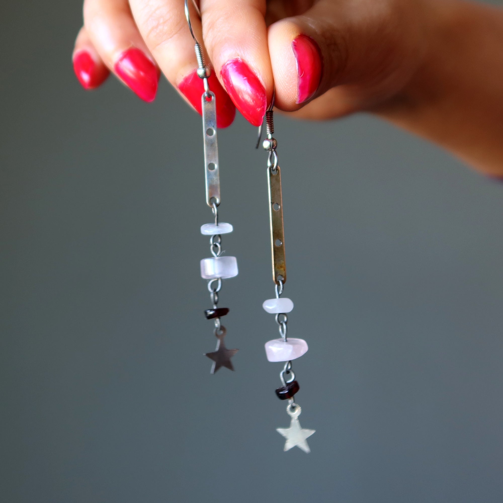 Rose Quartz Earrings Silver Star Red Garnet