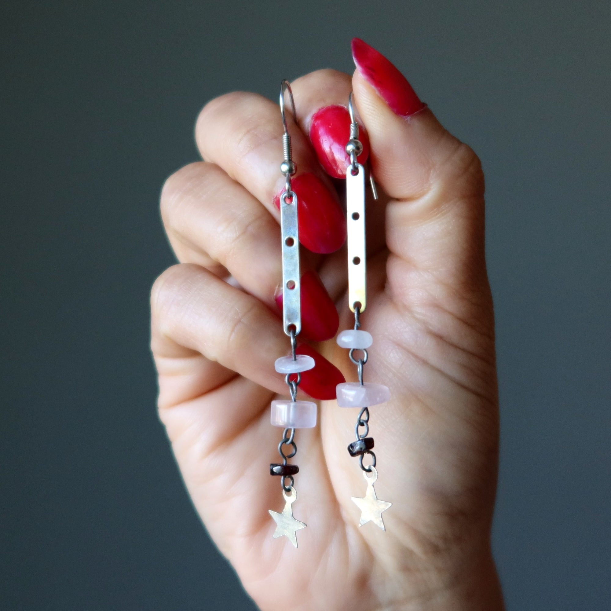 Rose Quartz Earrings Silver Star Red Garnet