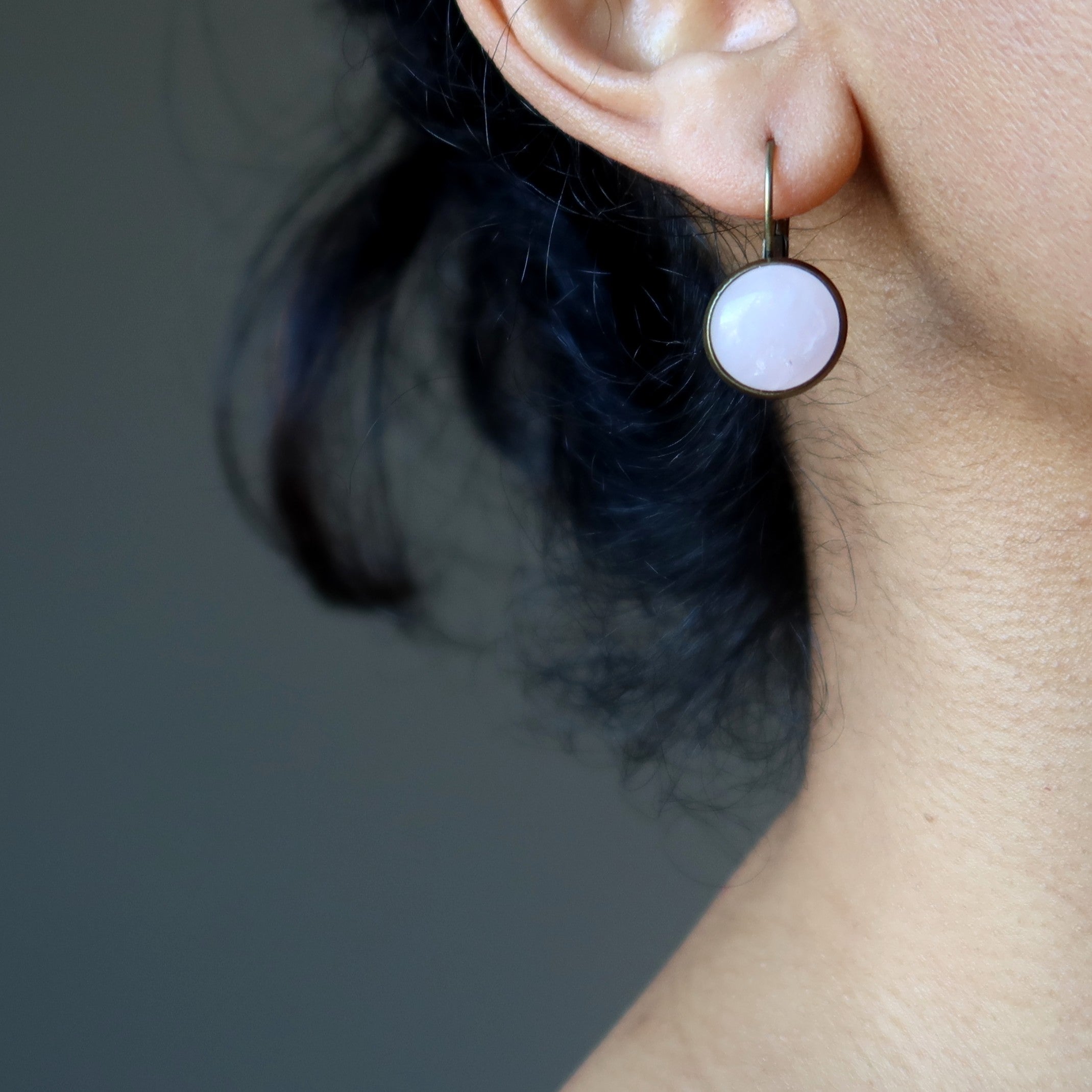 Rose Quartz Earrings Pink Dot Rustic Leverback