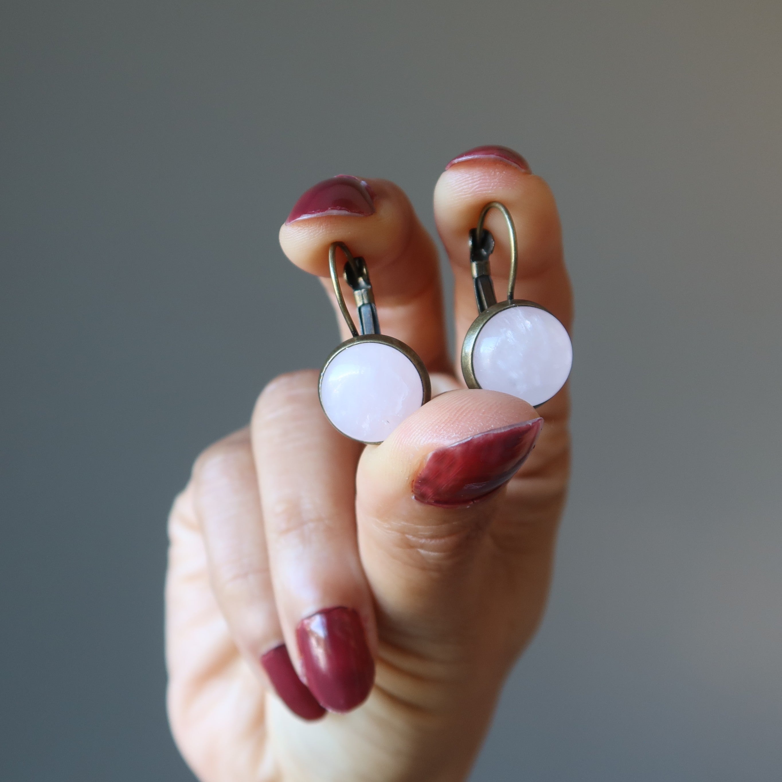 Rose Quartz Earrings Pink Dot Rustic Leverback