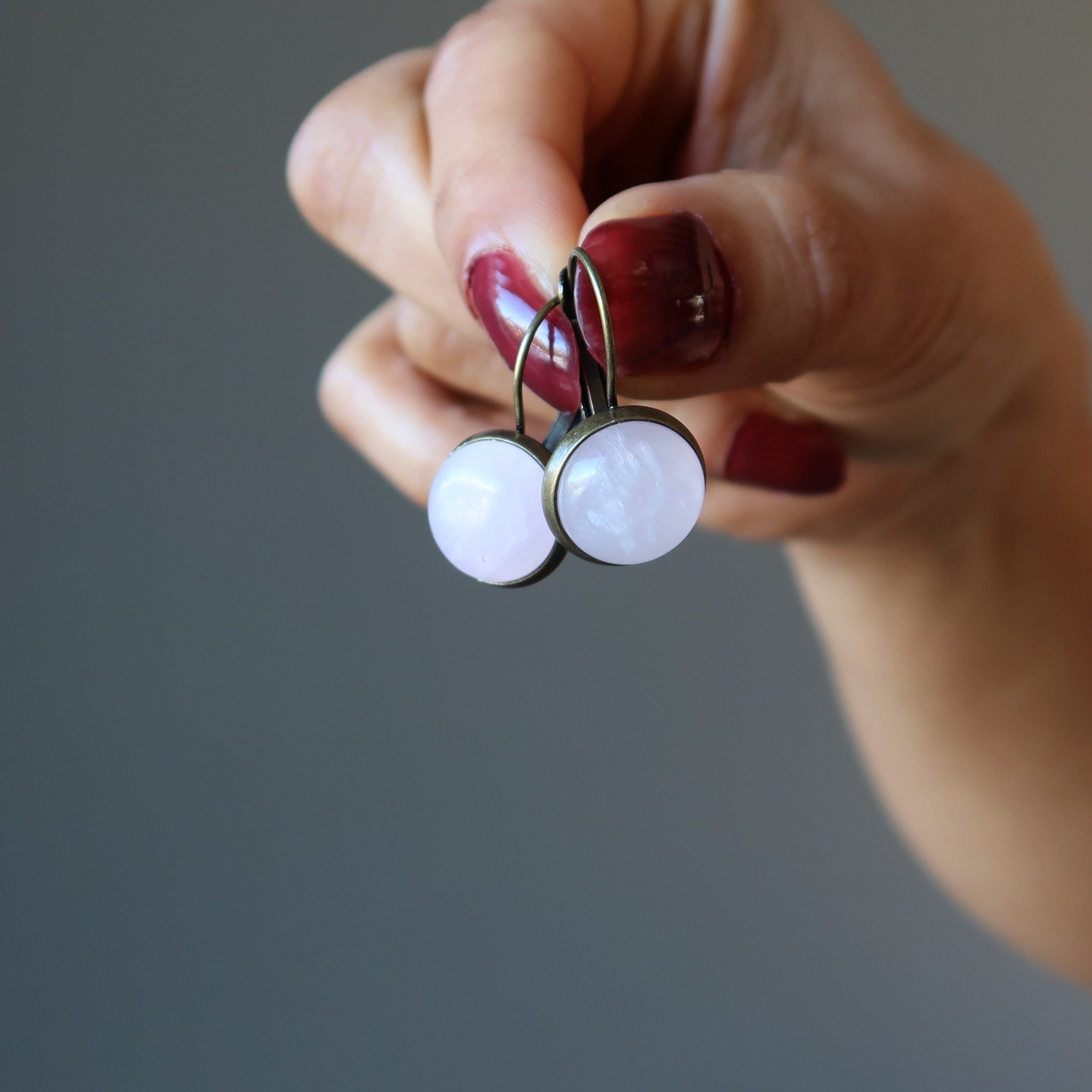 Rose Quartz Earrings Pink Dot Rustic Leverback