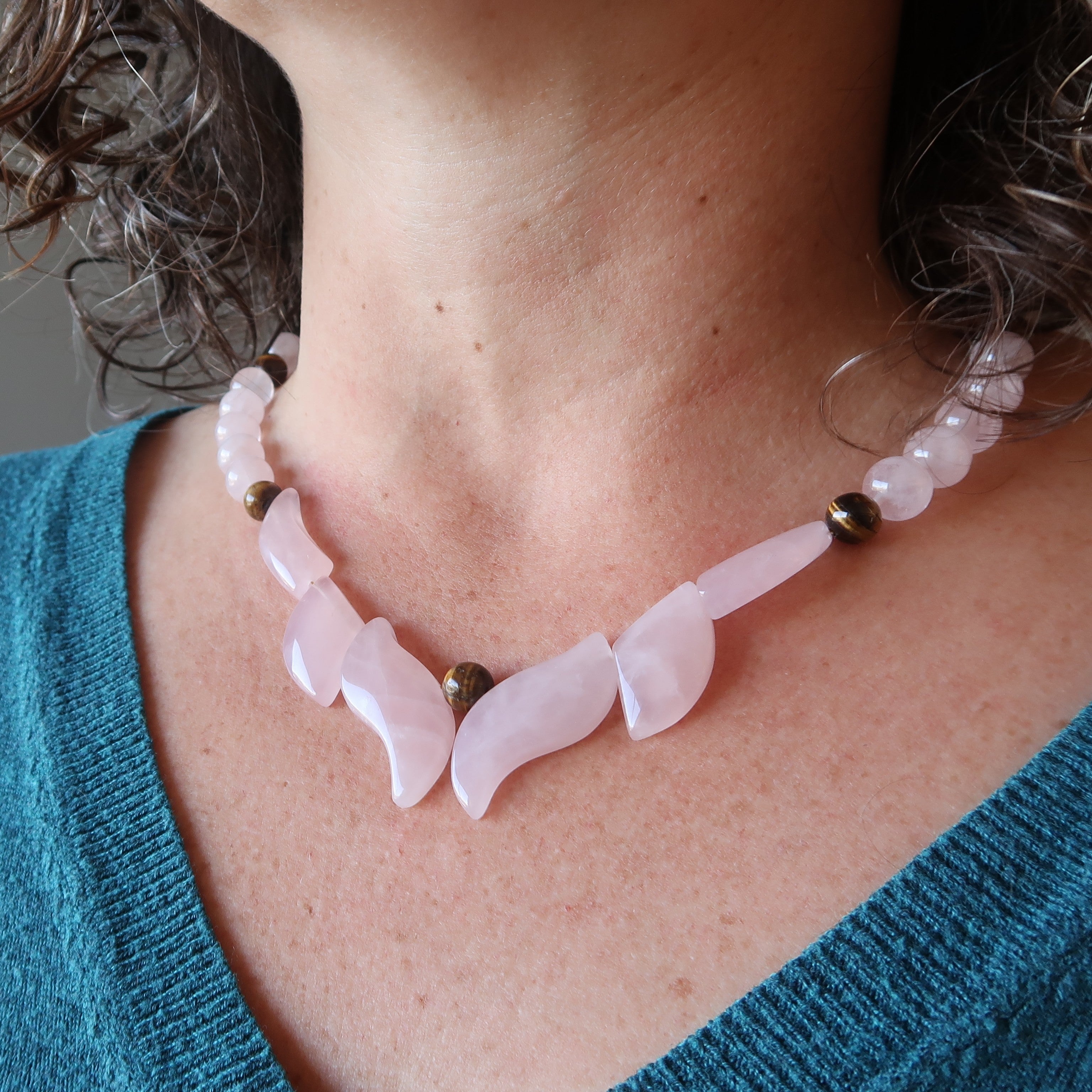 Rose Quartz Necklace Tigers Eye Flames Passion
