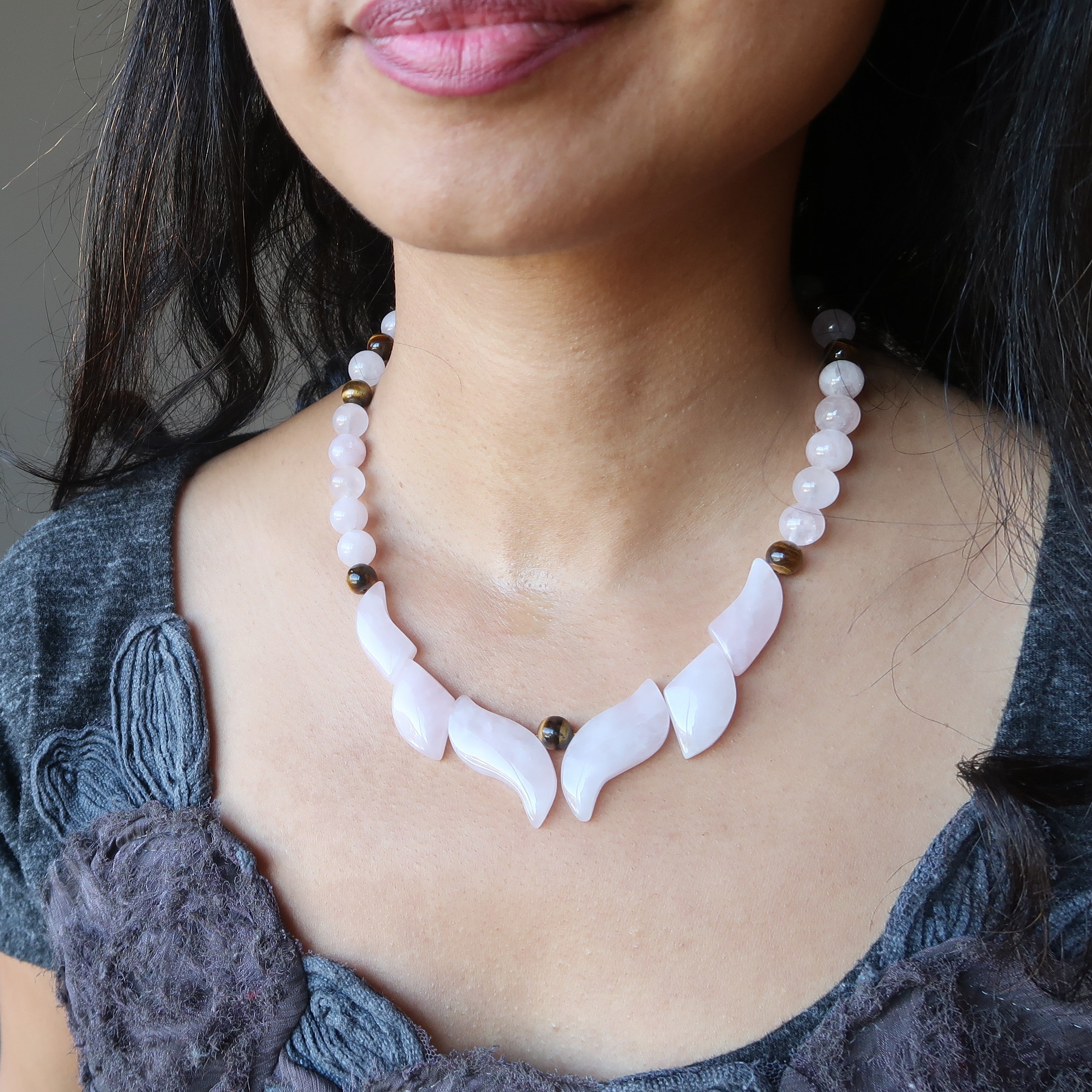 Rose Quartz Necklace Tigers Eye Flames Passion