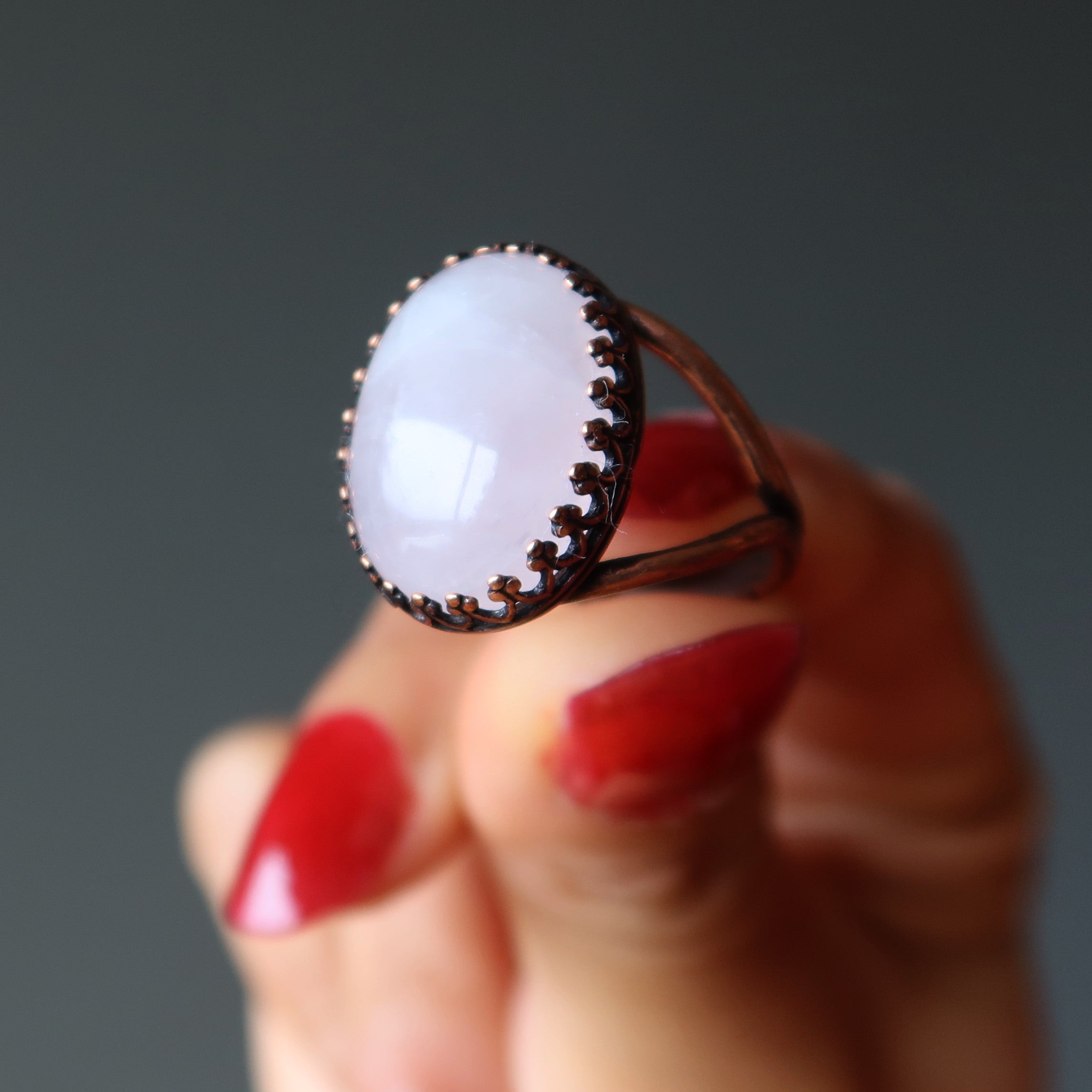 Rosenquarz Ring Zeitloses Antik-Kupfer Verstellbar