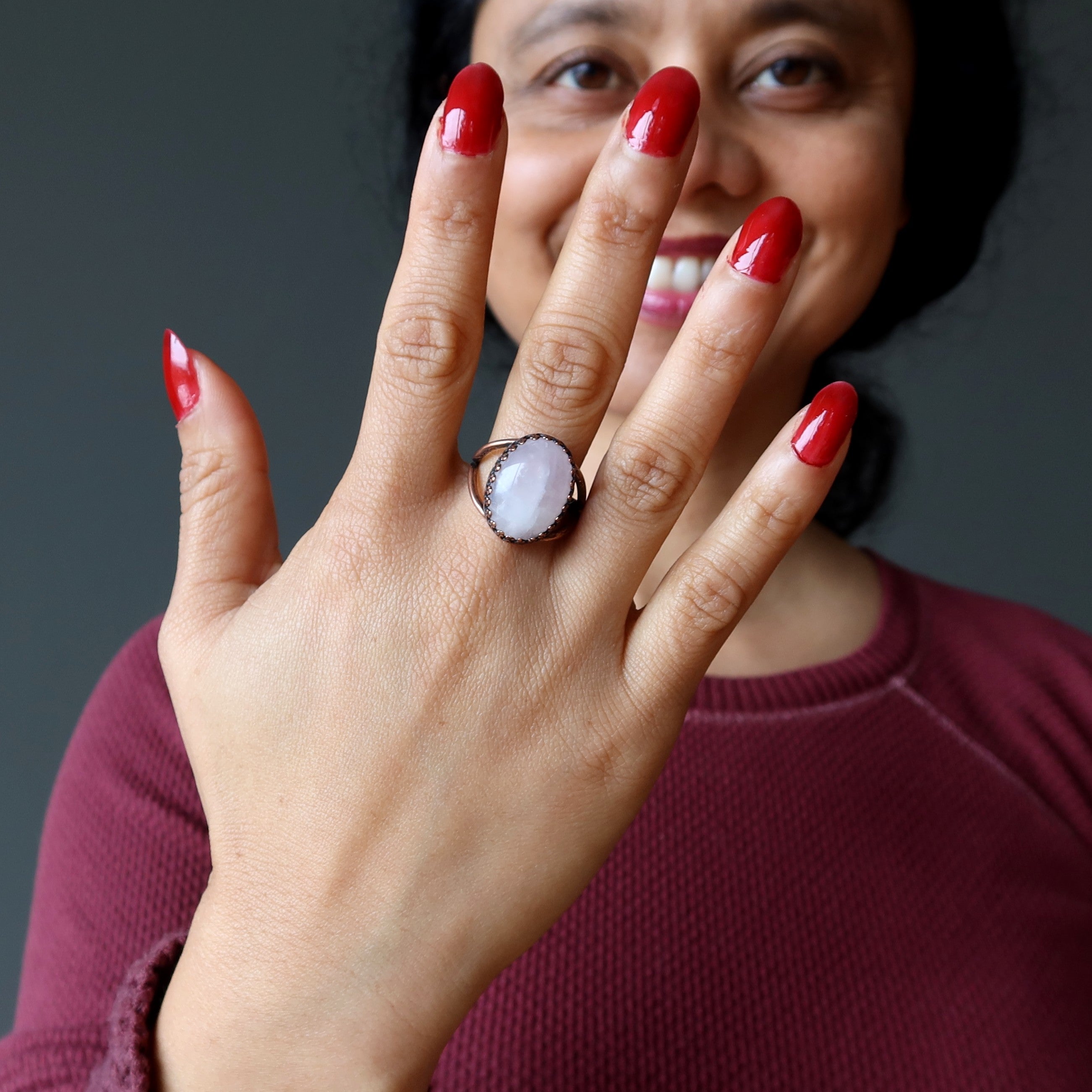Rosenquarz Ring Zeitloses Antik-Kupfer Verstellbar