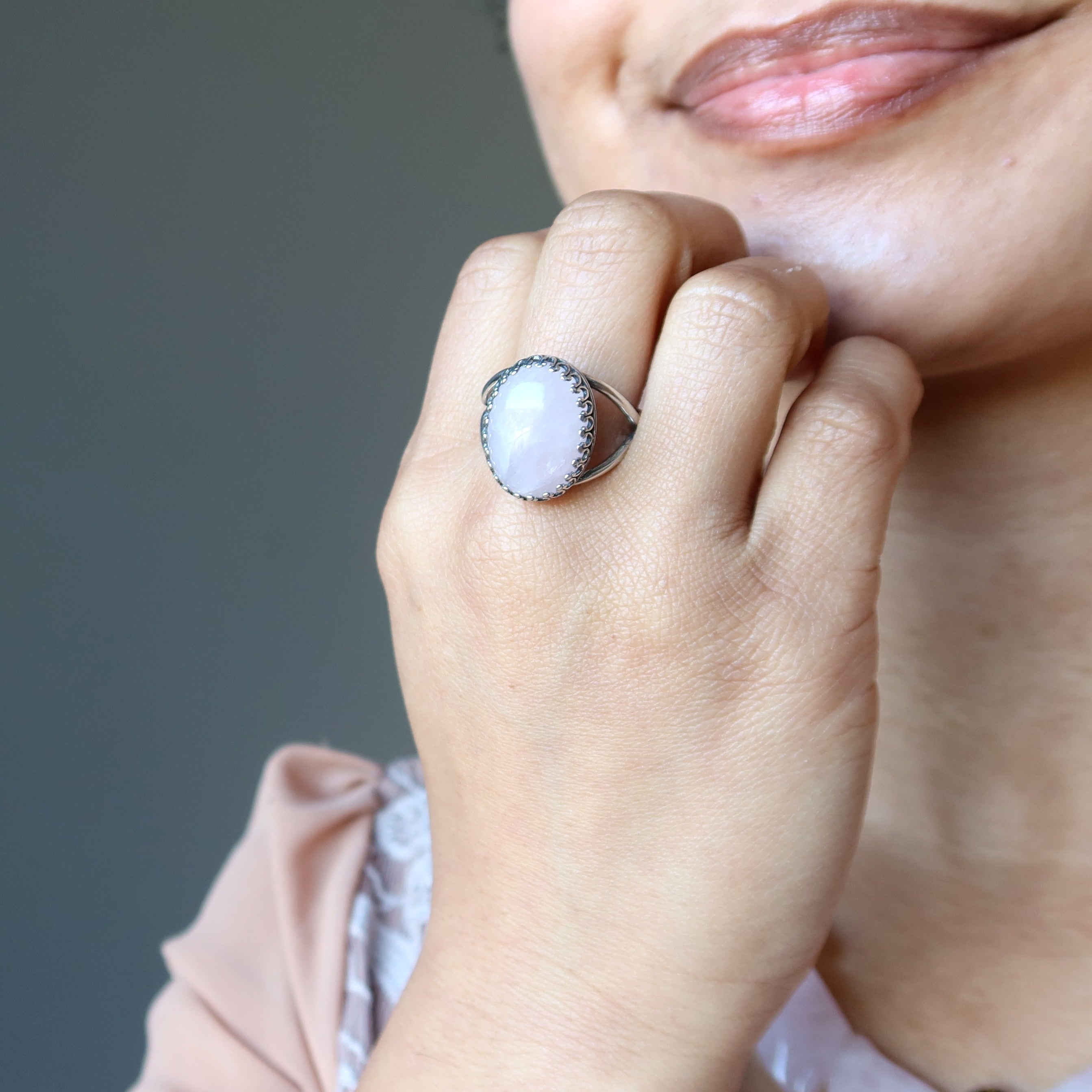 Rose Quartz Ring Beauty Sterling Silver Adjustable