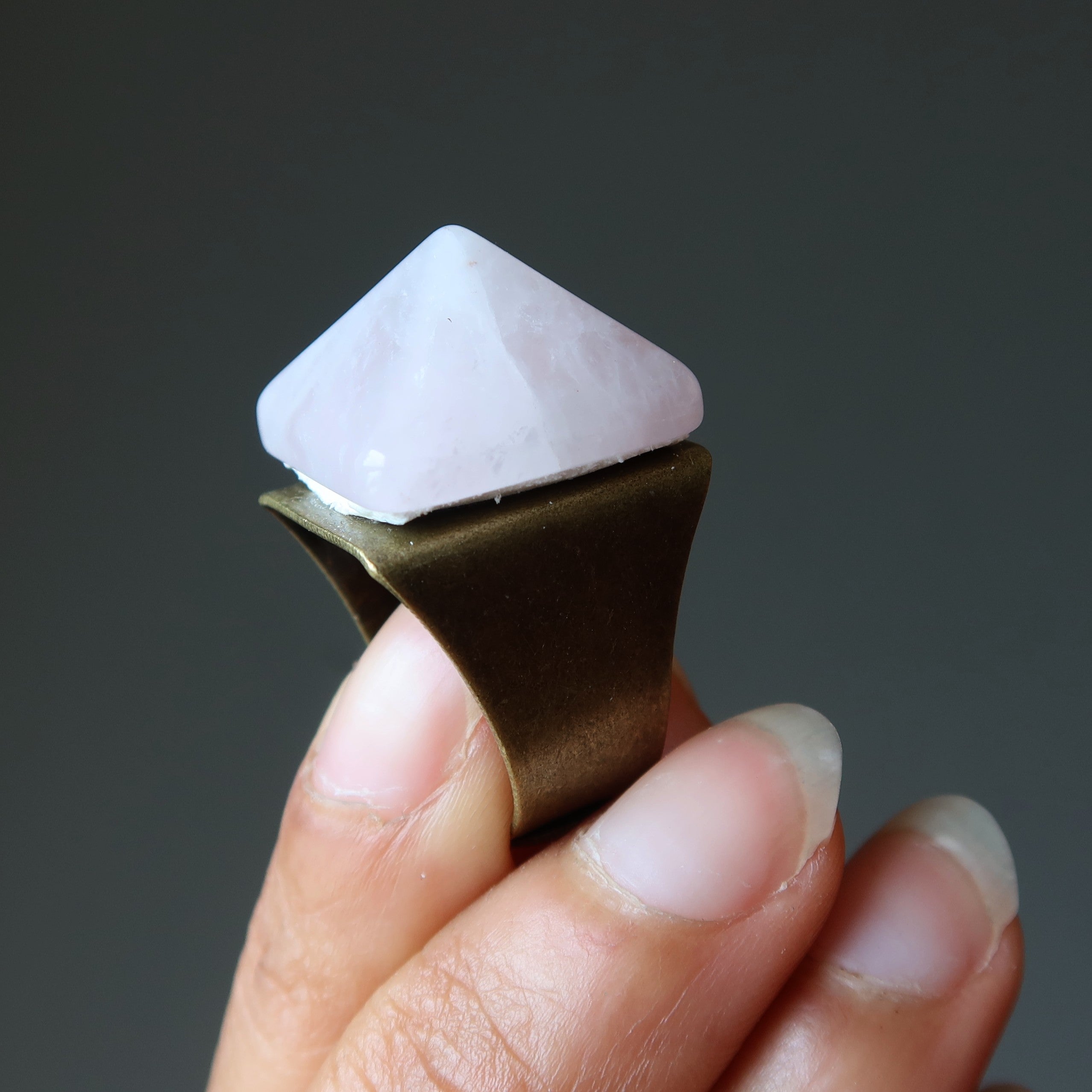 Rose Quartz Ring Pink Pyramid Bronze Adjustable