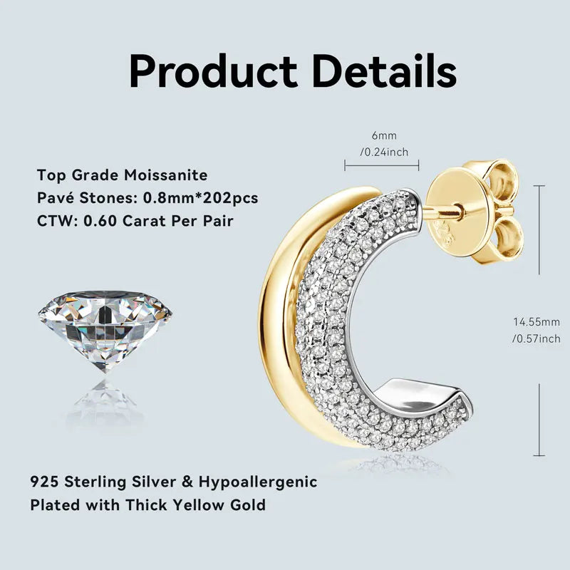 Boucles d'oreilles clous en moissanite taille ronde en forme de C en argent sterling 925 pour femme