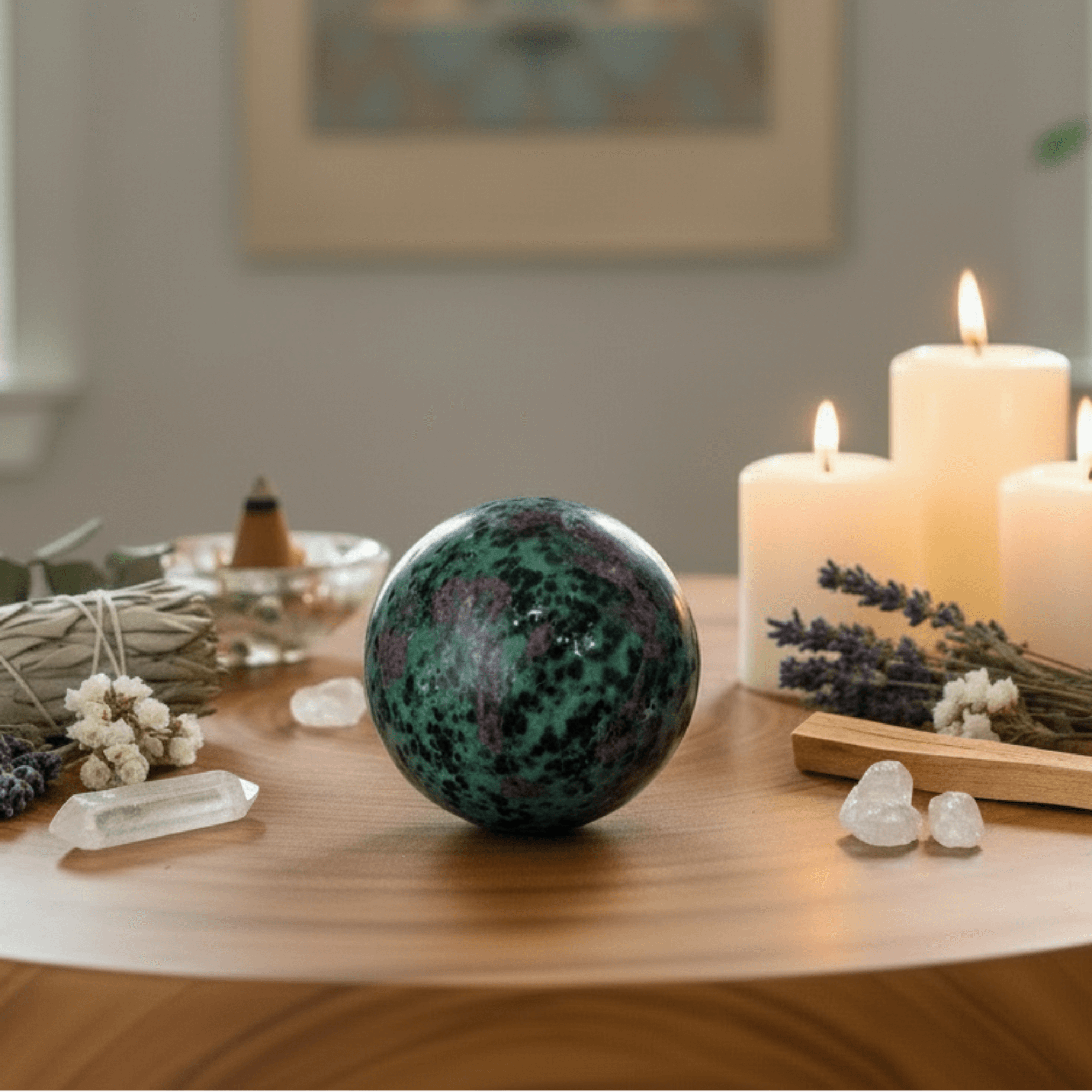 Sphère de rubis zoïsite, boule de cristal d'amour enchanteur