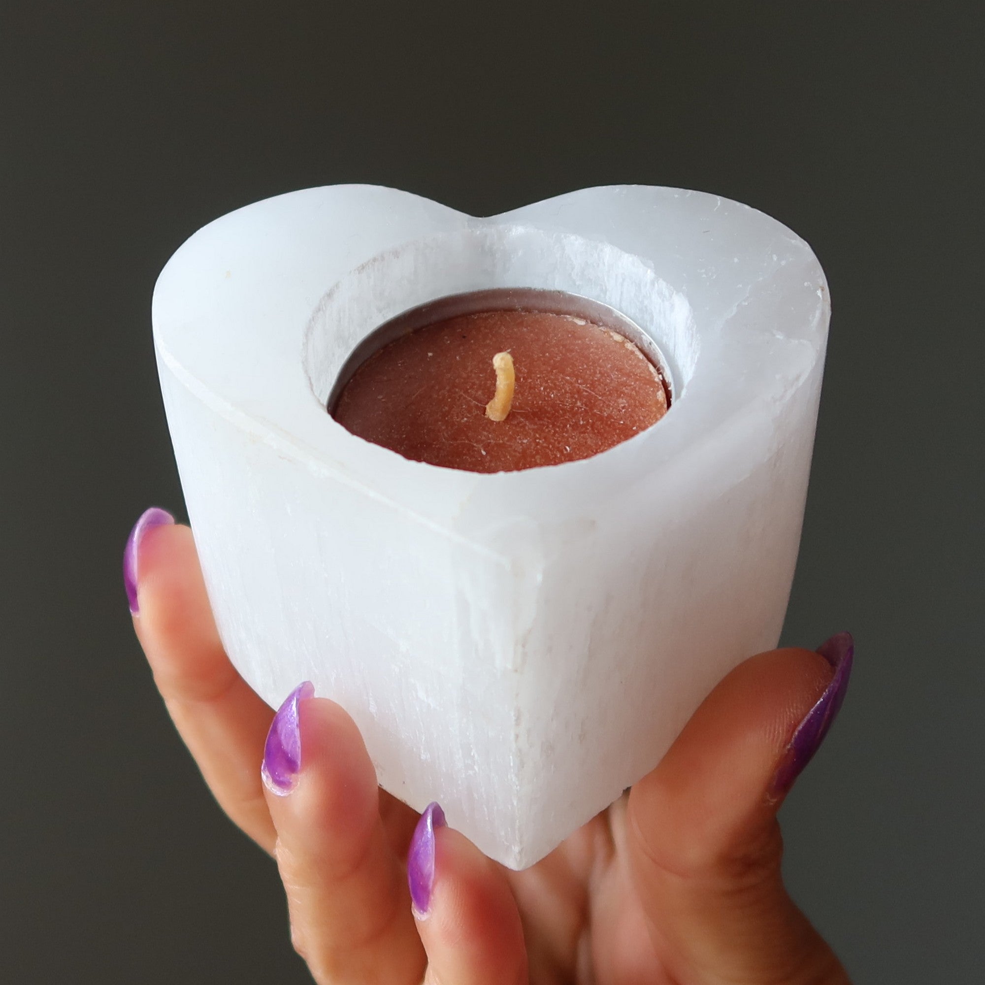 Selenite Candle Holder Warm Love Glow Heart Charger Cleanser