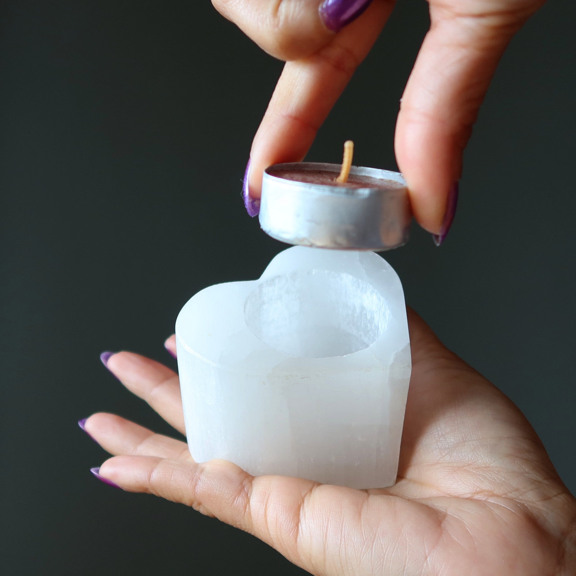 Selenite Candle Holder Warm Love Glow Heart Charger Cleanser