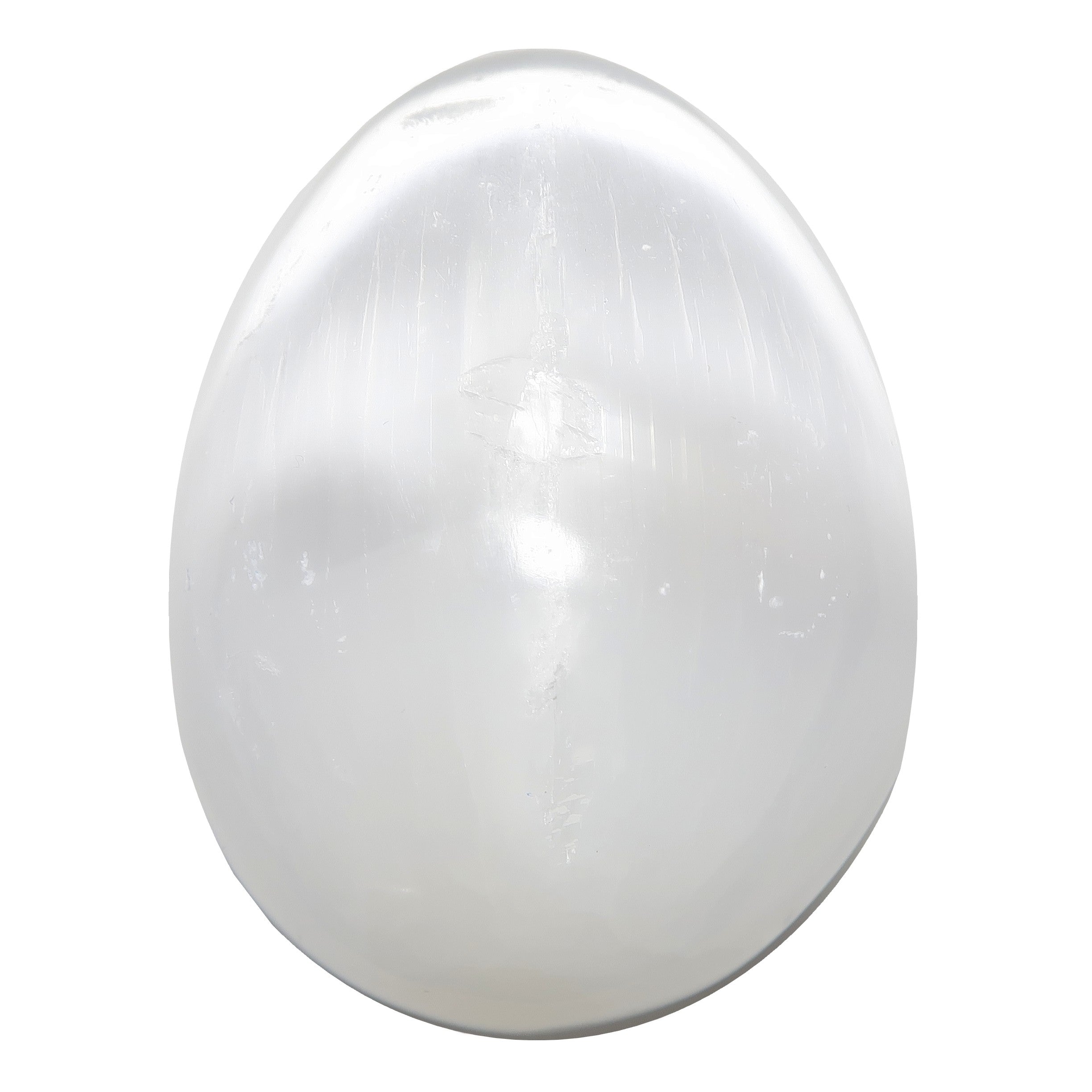 Œuf en sélénite, gypse fibreux blanc satiné lumineux, pierre de méditation