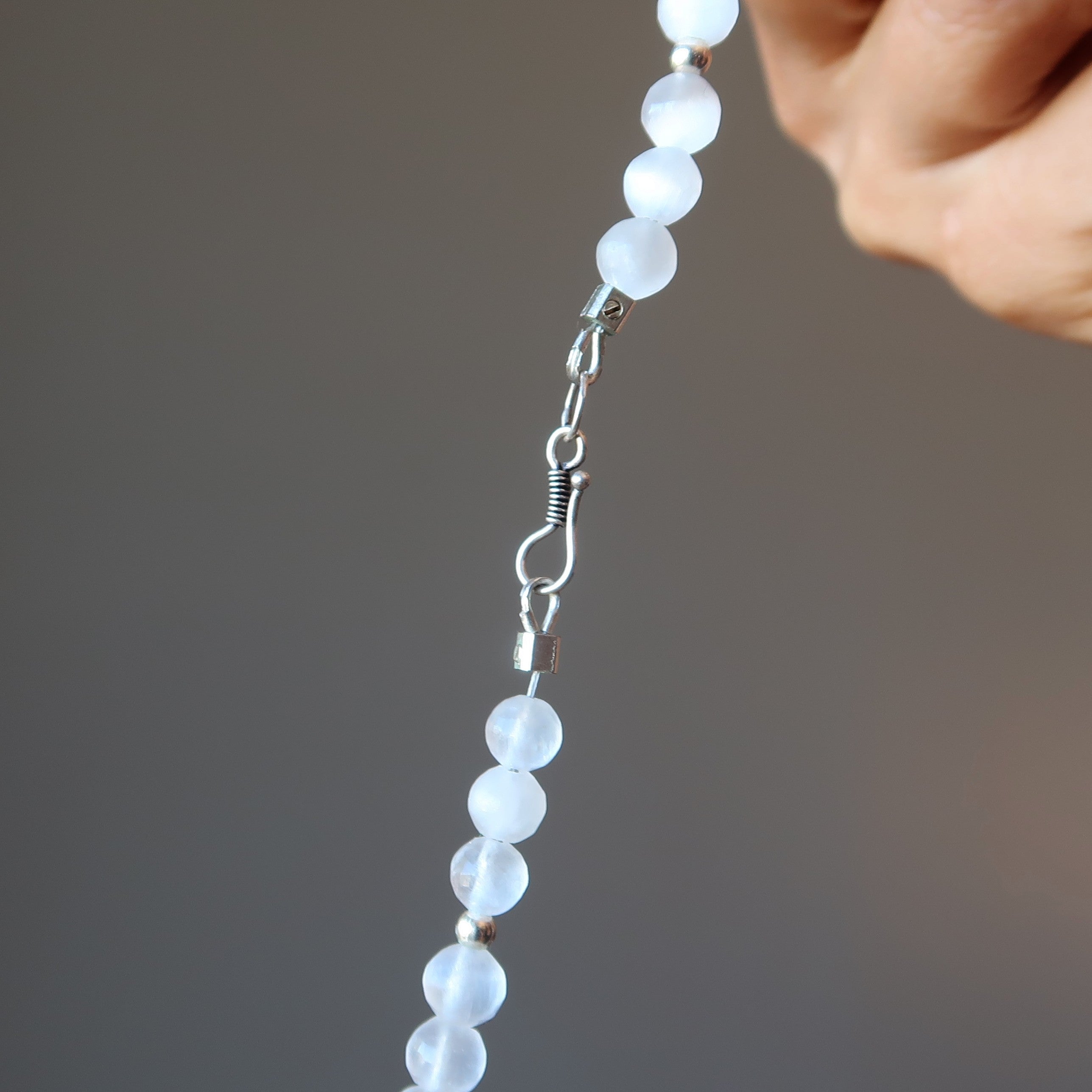 Selenite Necklace Full Moon White Beaded Silver