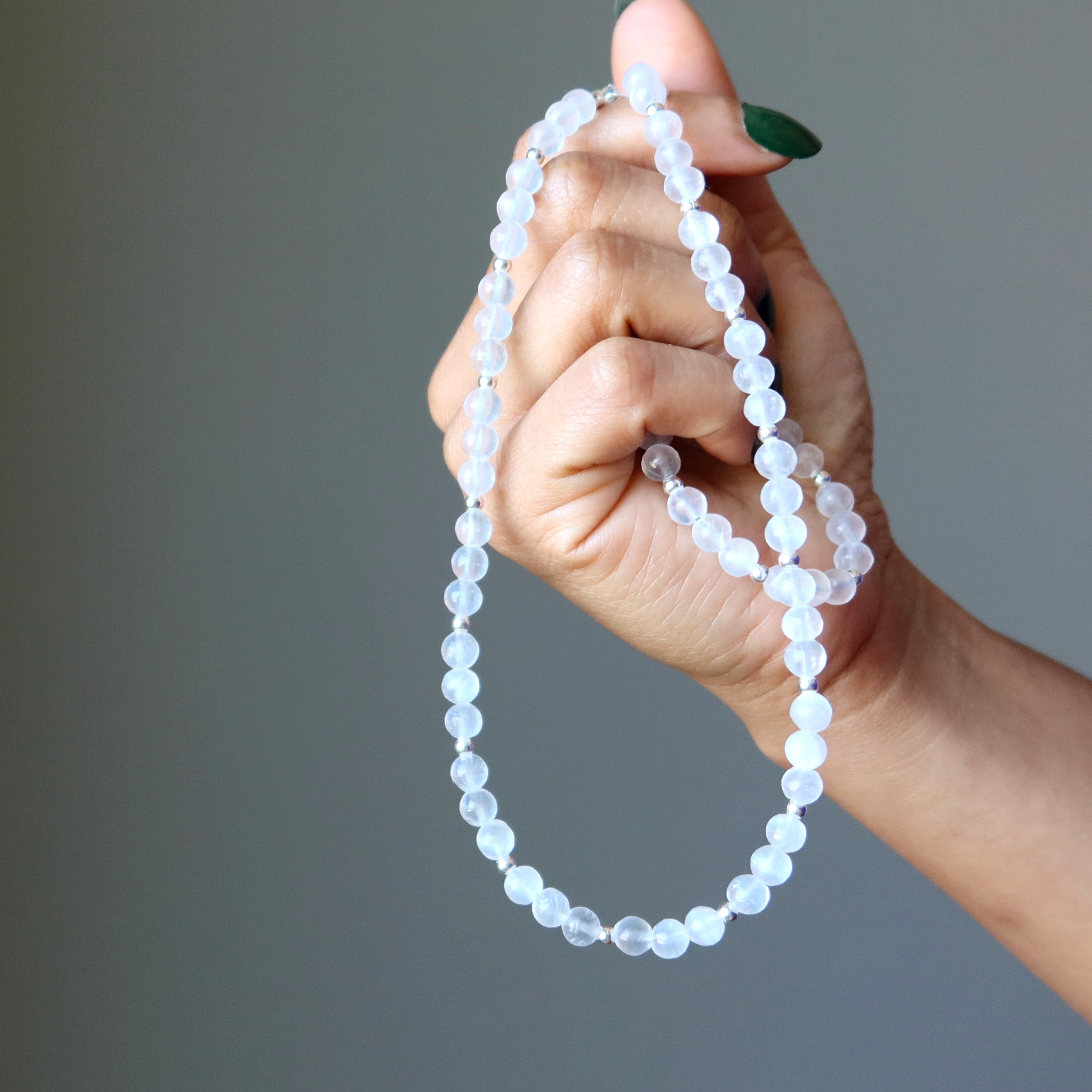 Selenite Necklace Full Moon White Beaded Silver