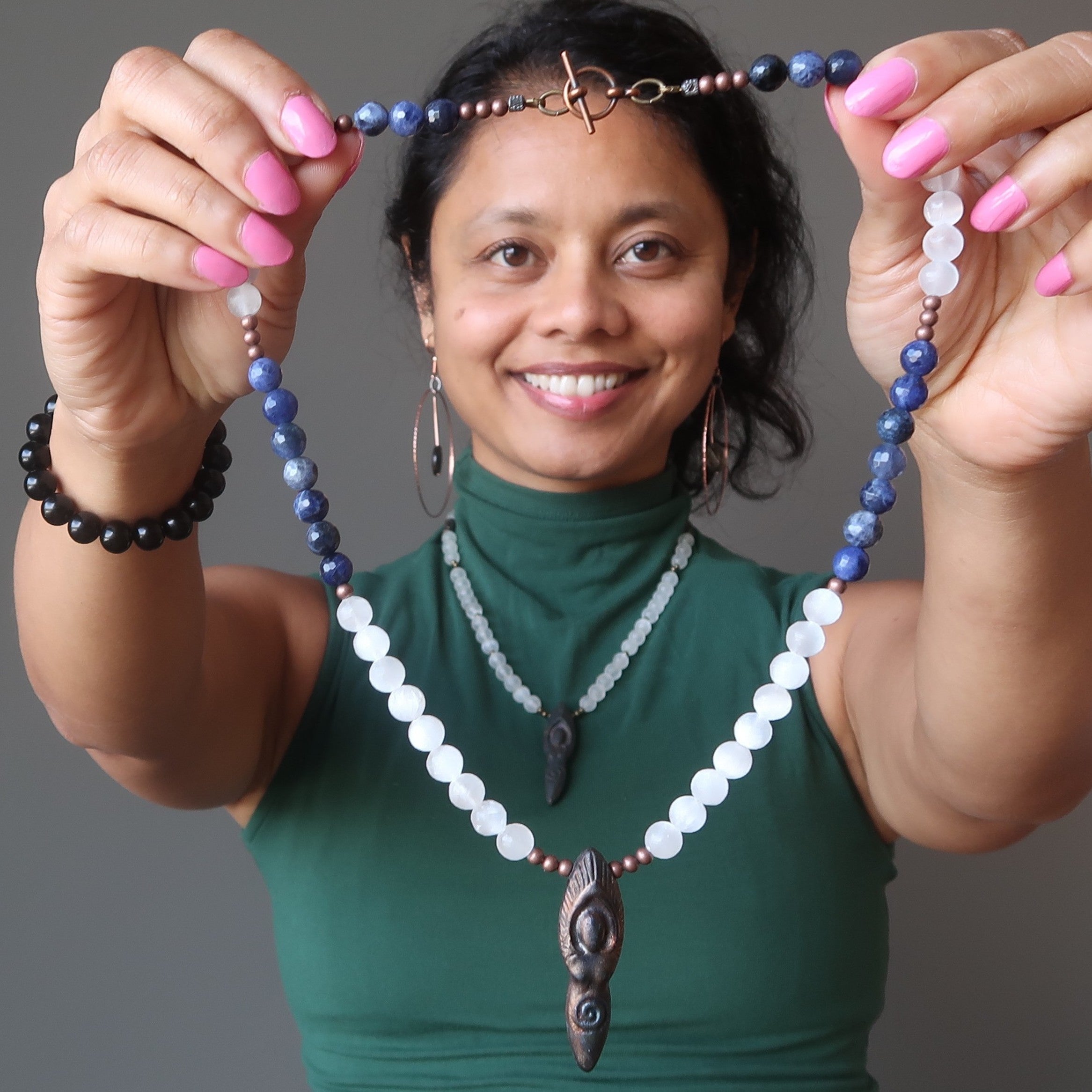 Selenite Necklace Goddess Moon Blue Ocean Sodalite
