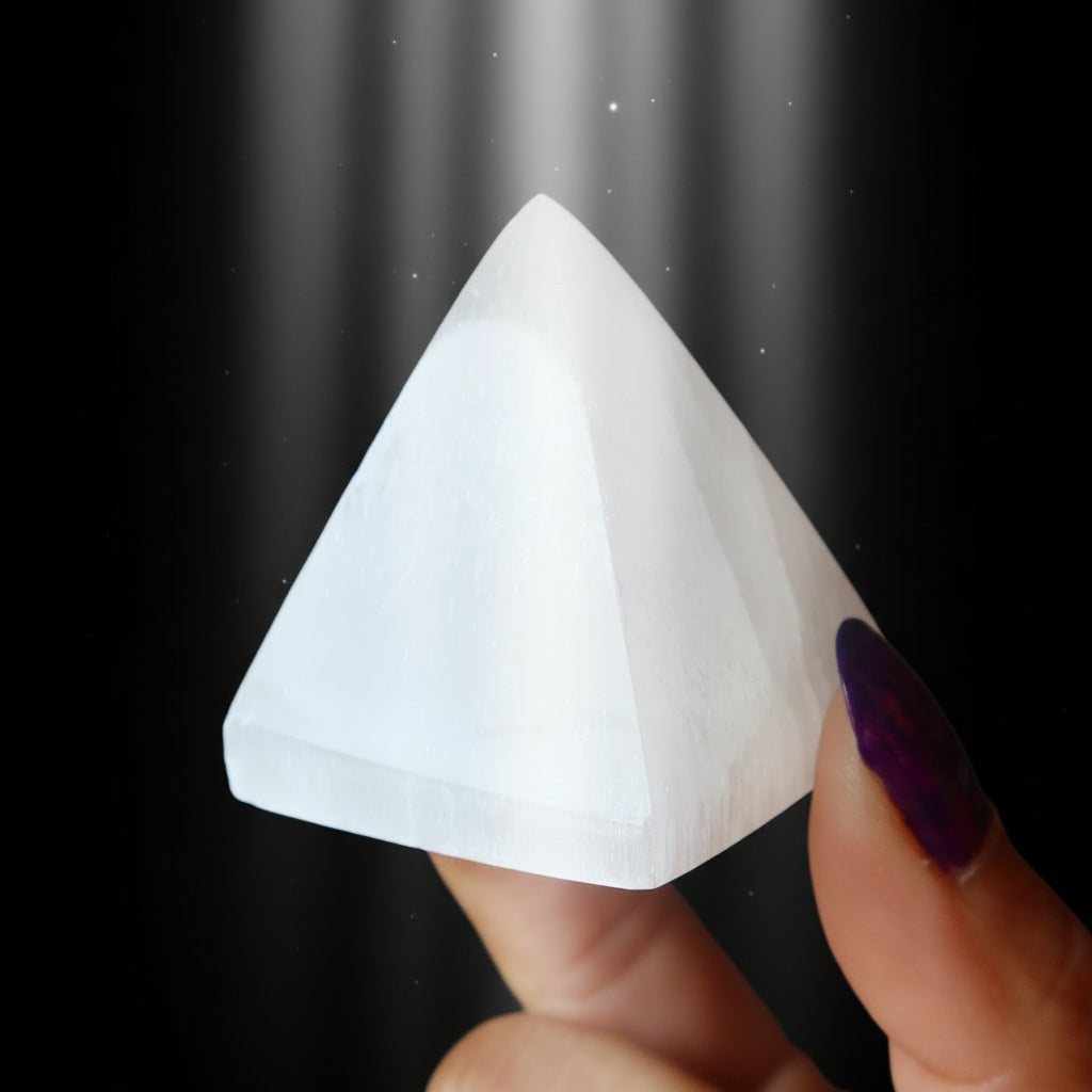 Selenite Pyramid White Moonbeams Crystal