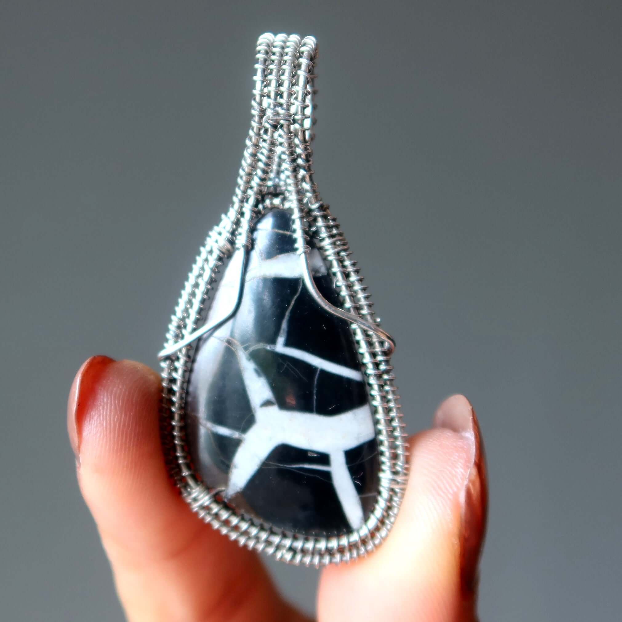 Septarian Pendant Black White Stone Sterling Silver