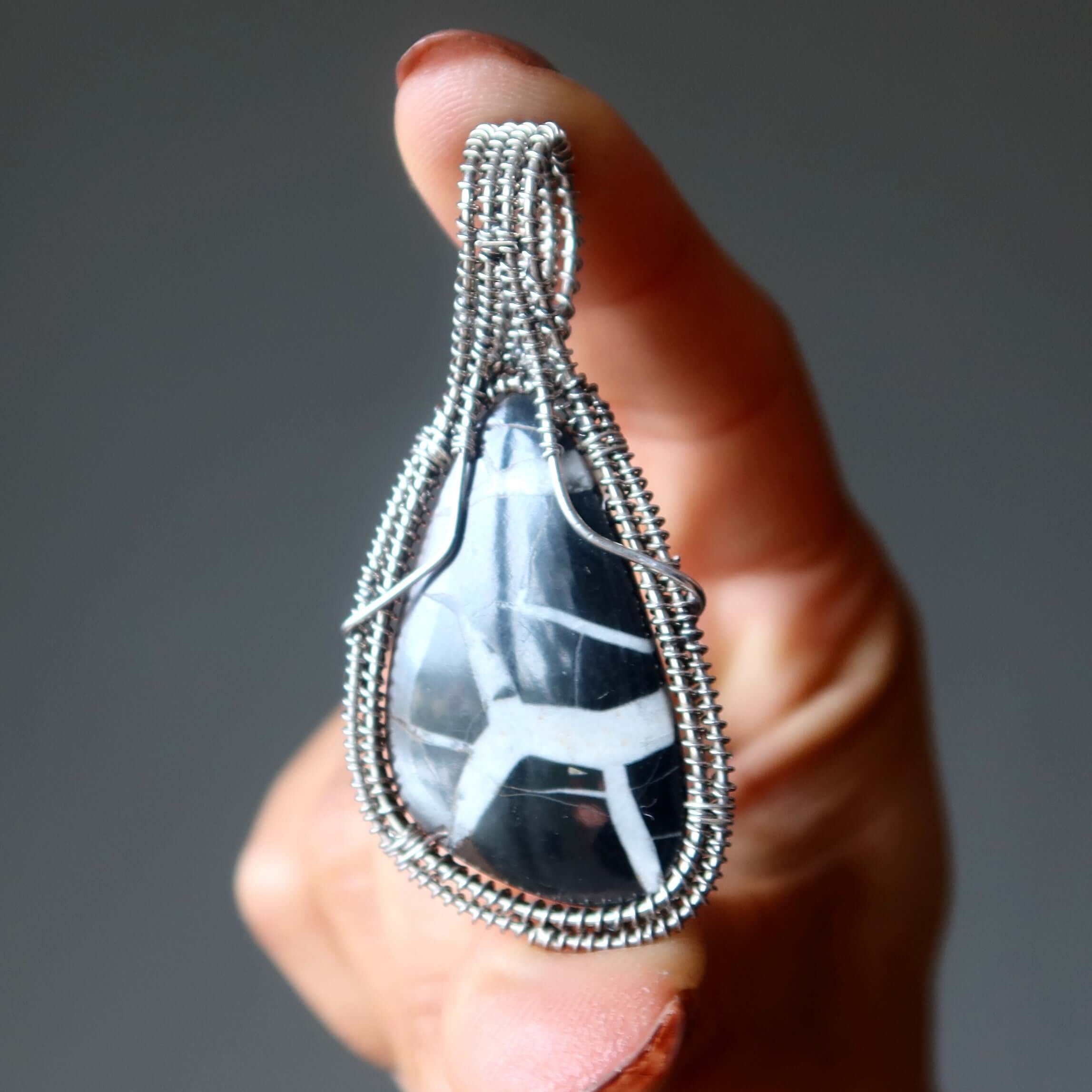 Septarian Pendant Black White Stone Sterling Silver