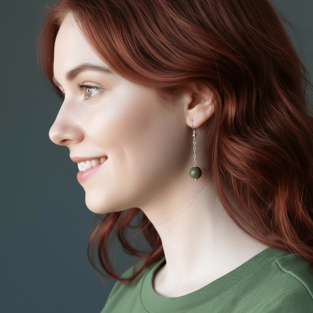 Serpentine green gemstone sterling silver drop earrings on model, showcasing elegant 2 inch dangle design