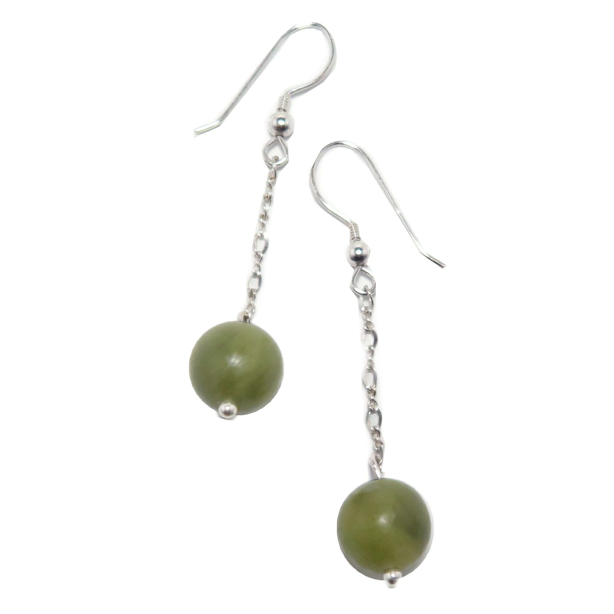 Serpentine green gemstone drop earrings on sterling silver chains, 2 inch dangle design