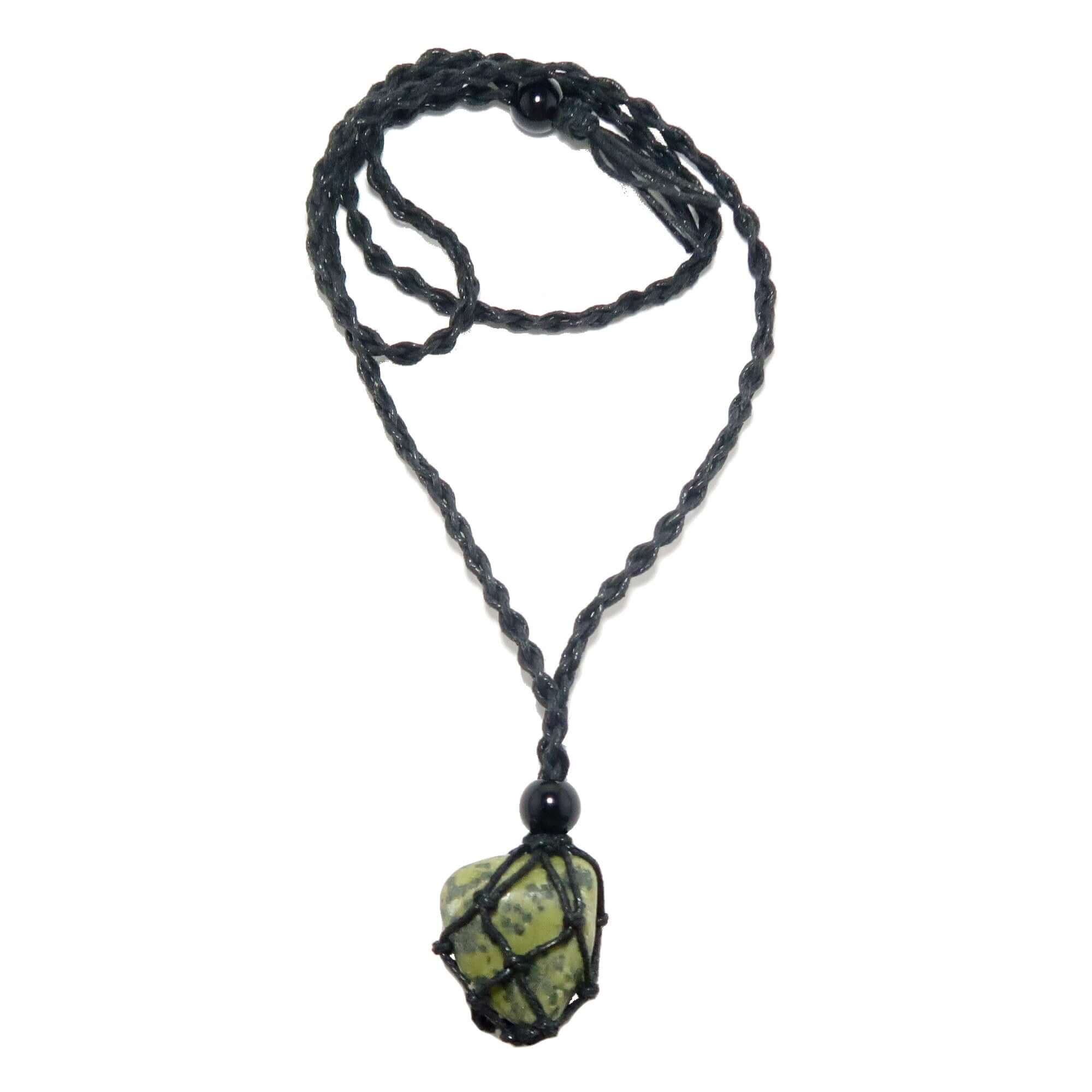 Serpentine necklace with green transformation stone in black macrame net on adjustable cord