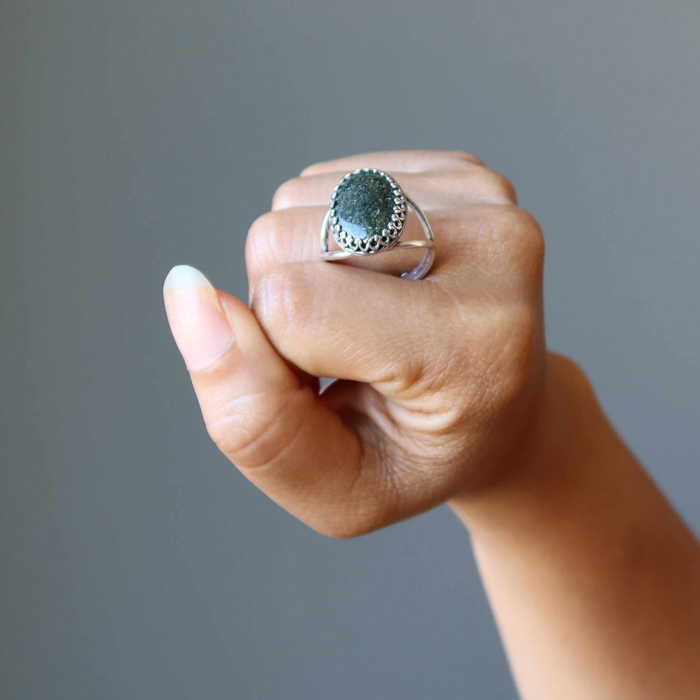 Serpentine Ring Green Gem Sterling Silver Adjustable