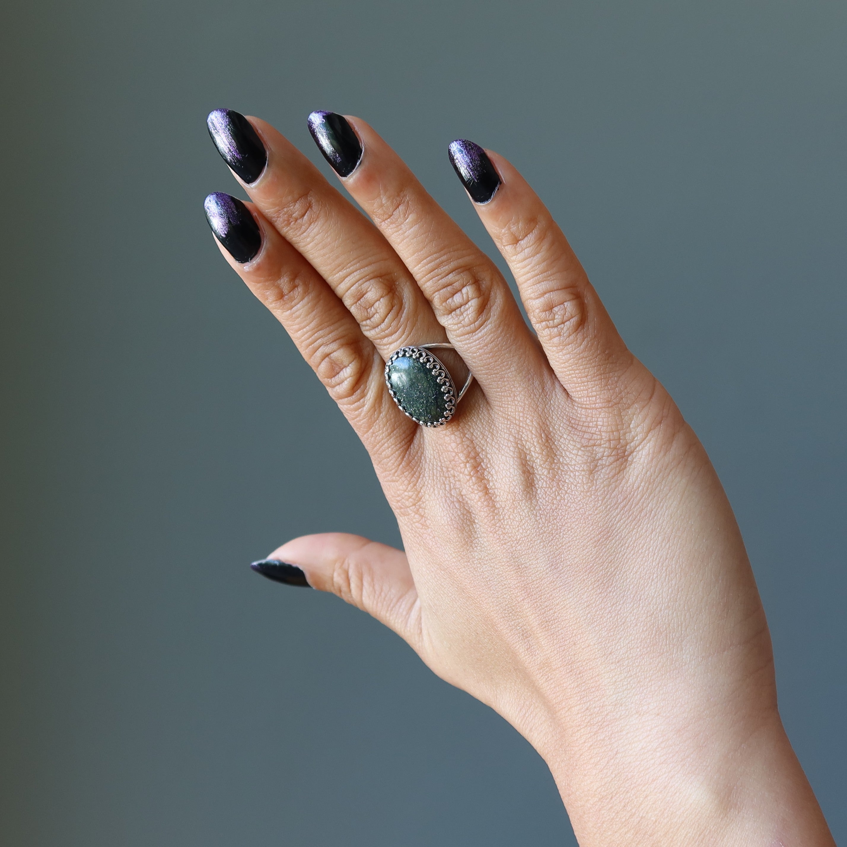 Serpentine Ring Green Gem Sterling Silver Adjustable