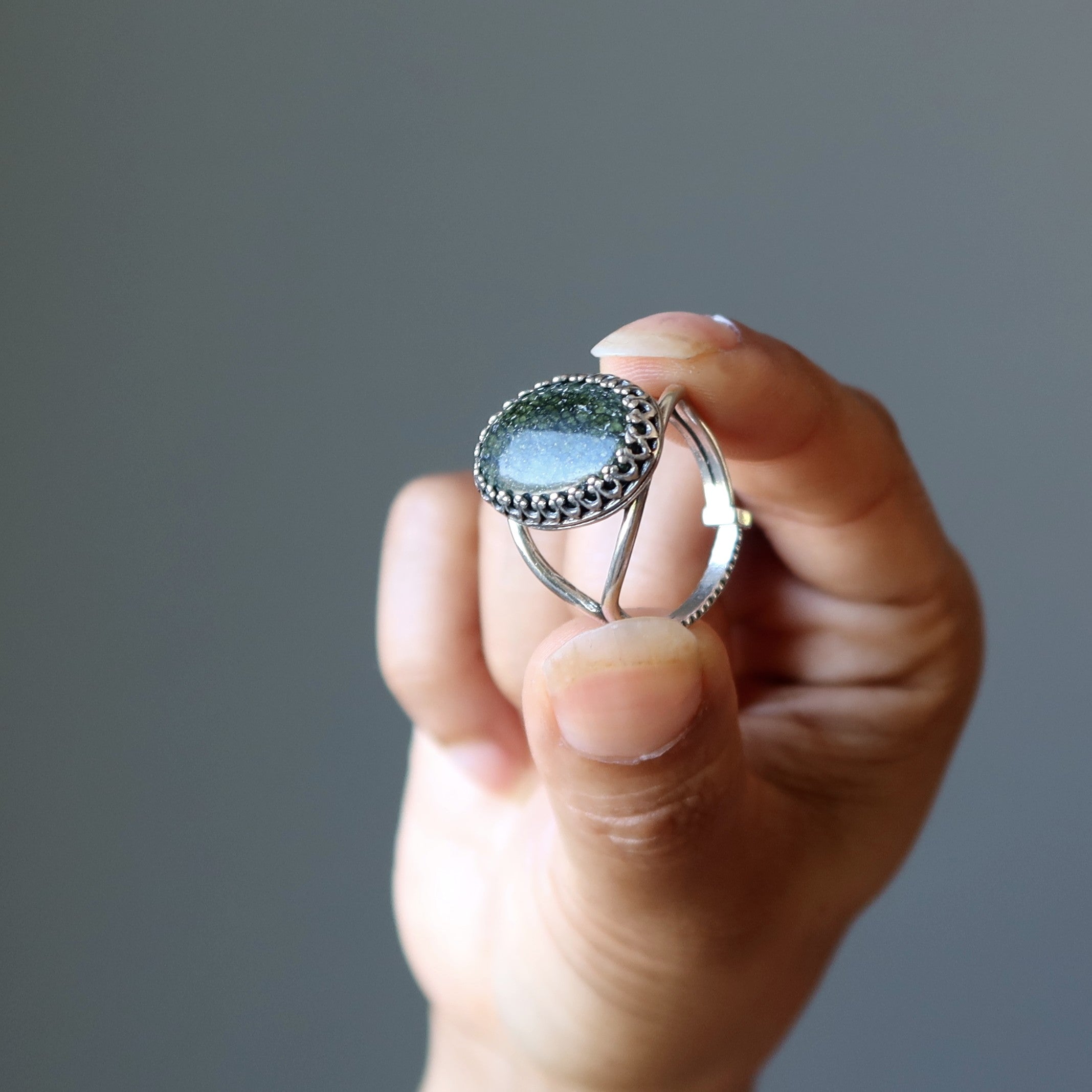 Serpentine Ring Green Gem Sterling Silver Adjustable