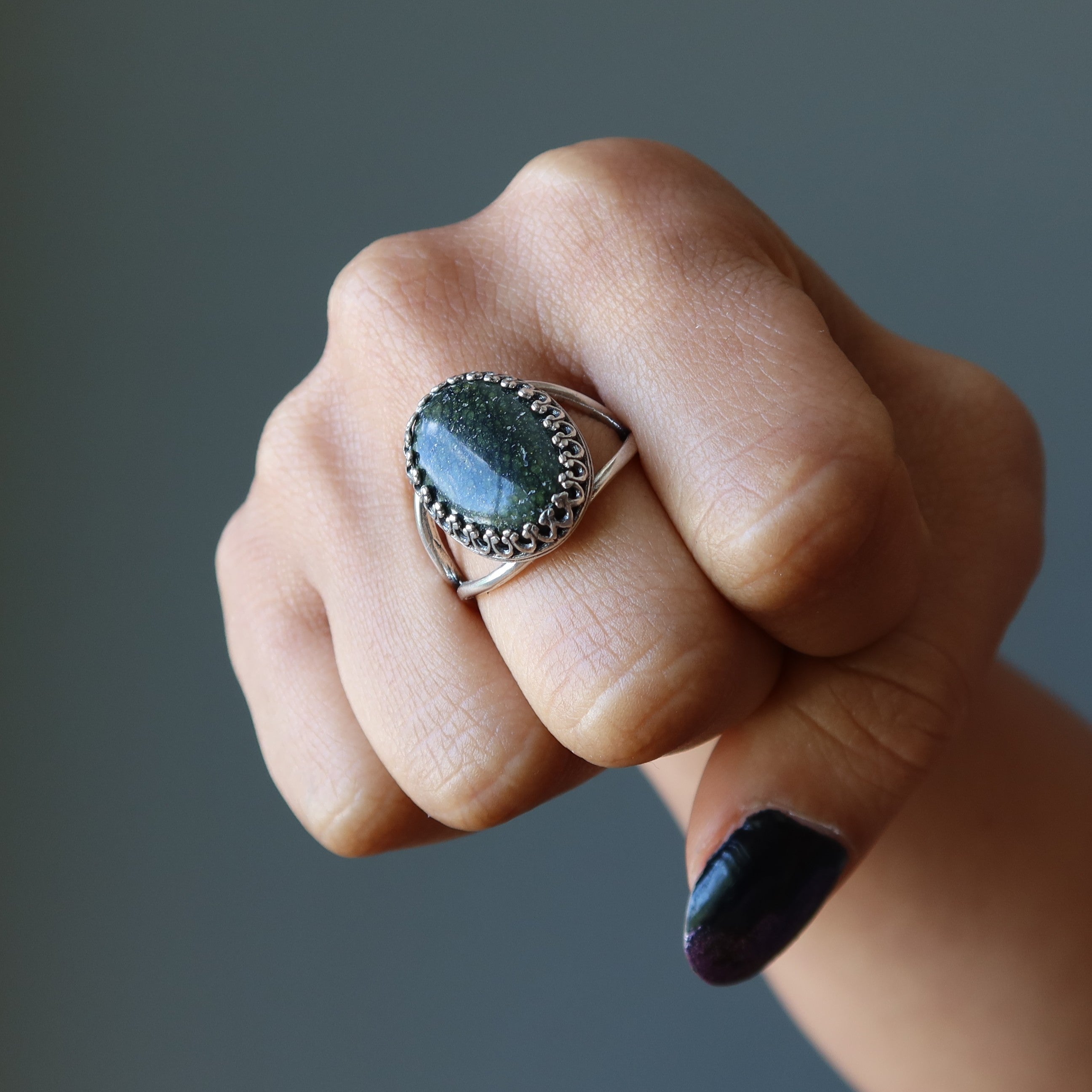 Serpentine Ring Green Gem Sterling Silver Adjustable