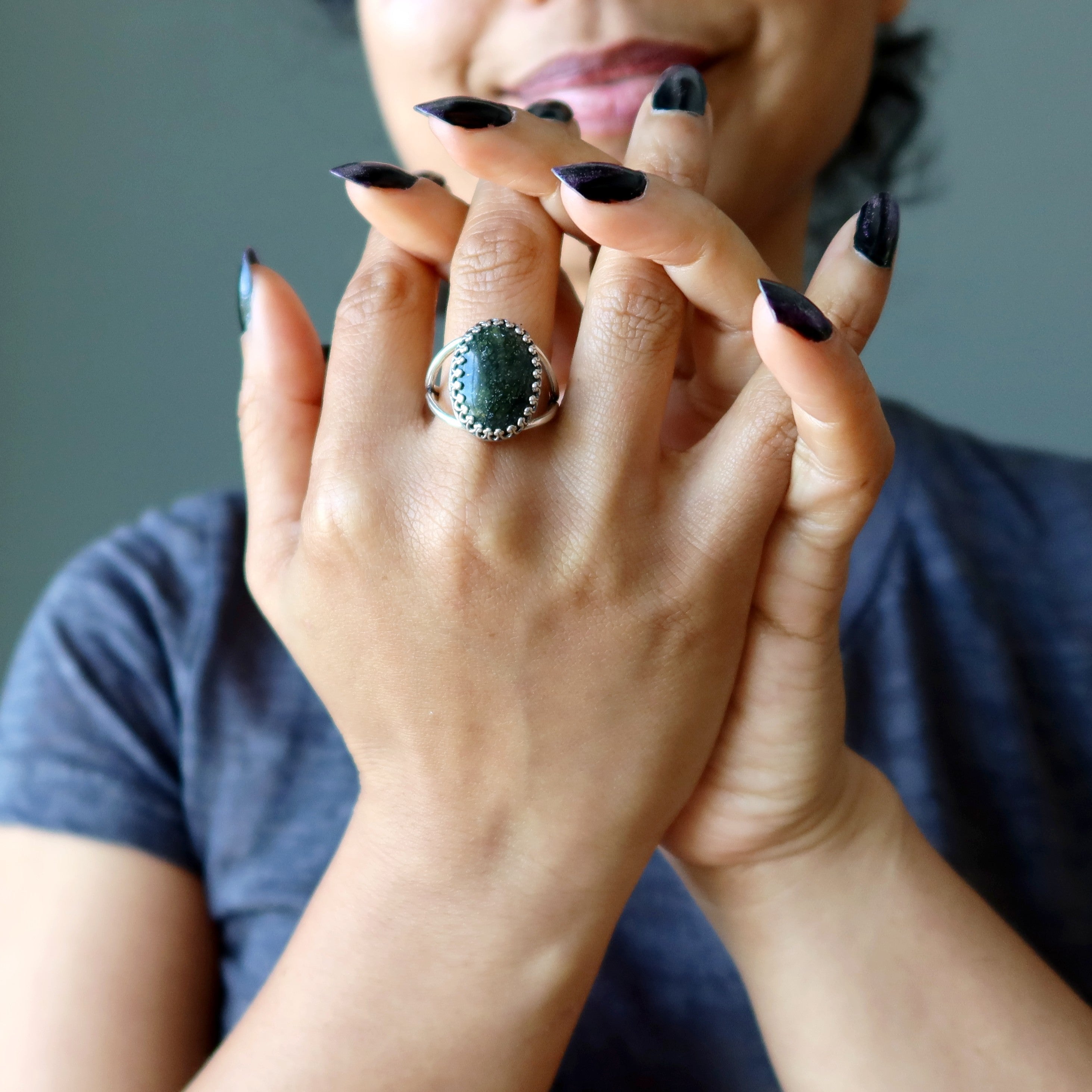 Serpentine Ring Green Gem Sterling Silver Adjustable