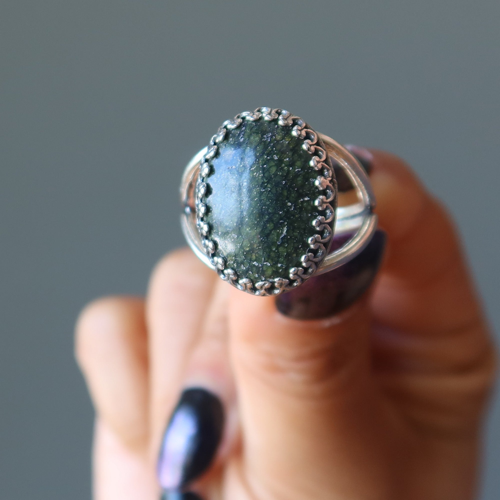 Serpentine Ring Green Gem Sterling Silver Adjustable