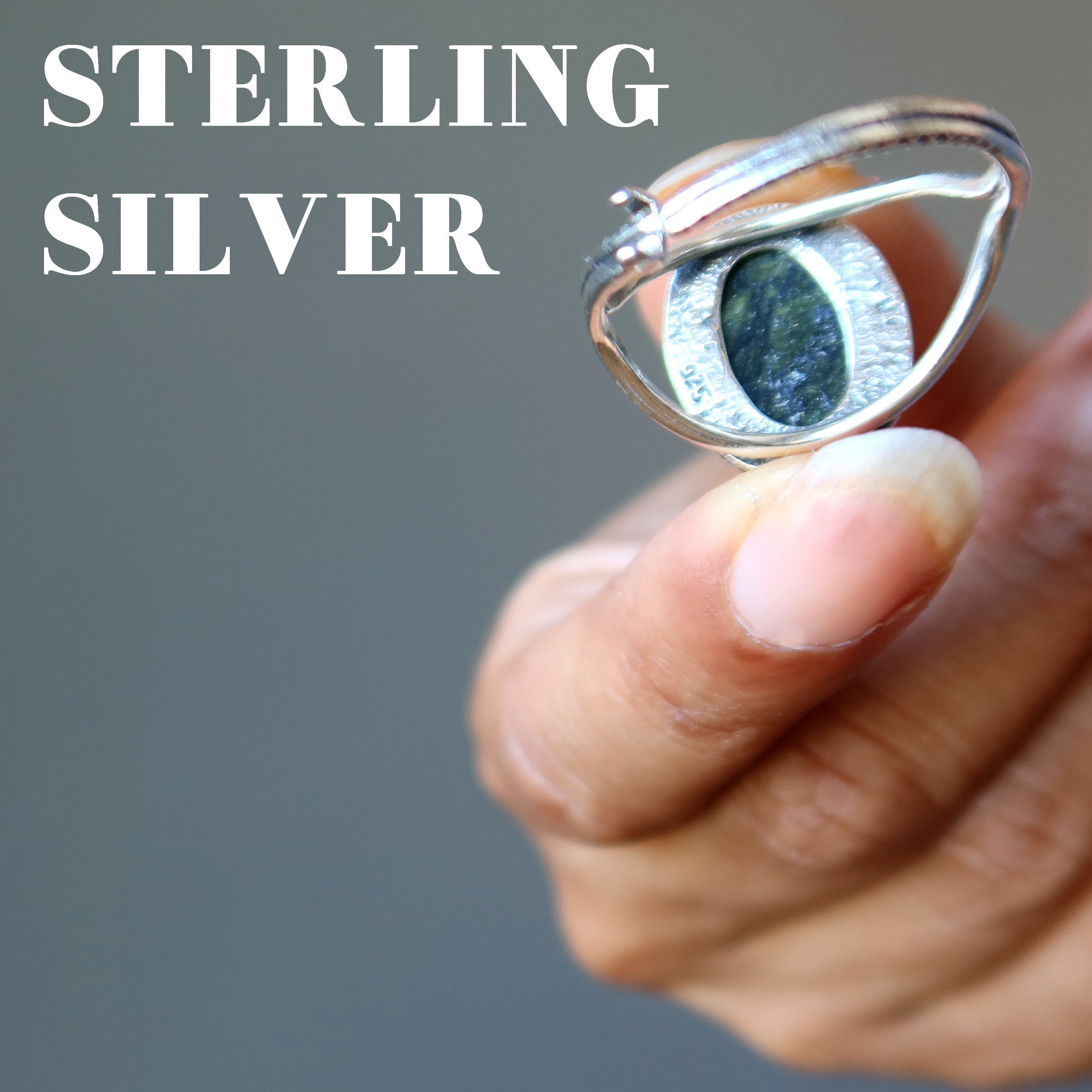 Serpentine Ring Green Gem Sterling Silver Adjustable
