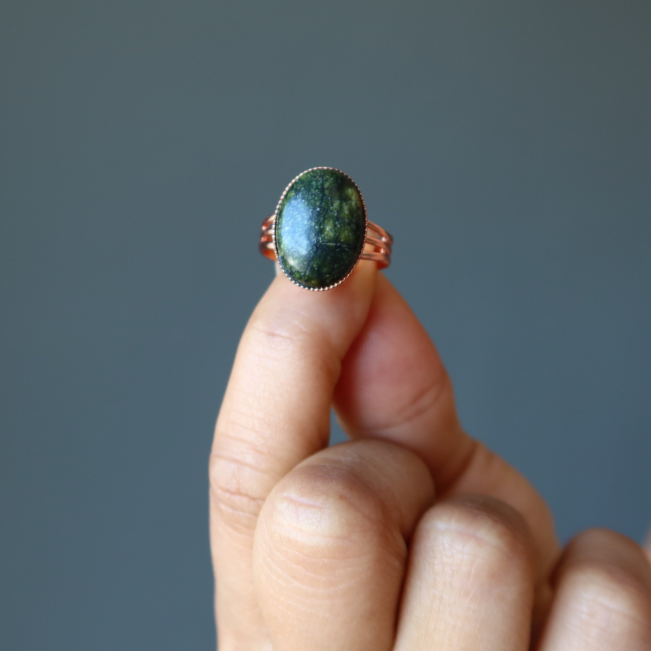 Serpentine Ring Green Snake Stone Copper Adjustable