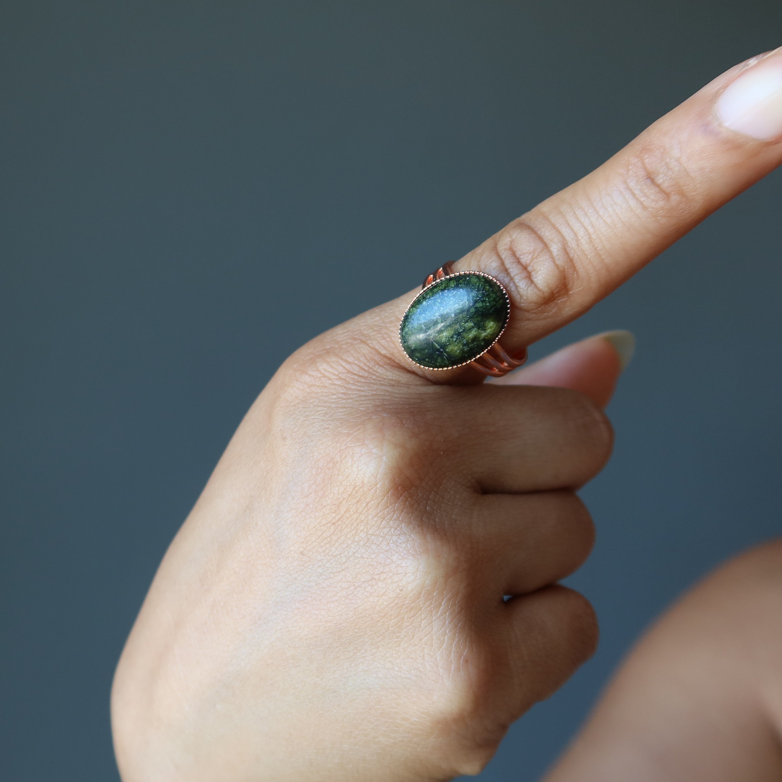 Serpentine Ring Green Snake Stone Copper Adjustable