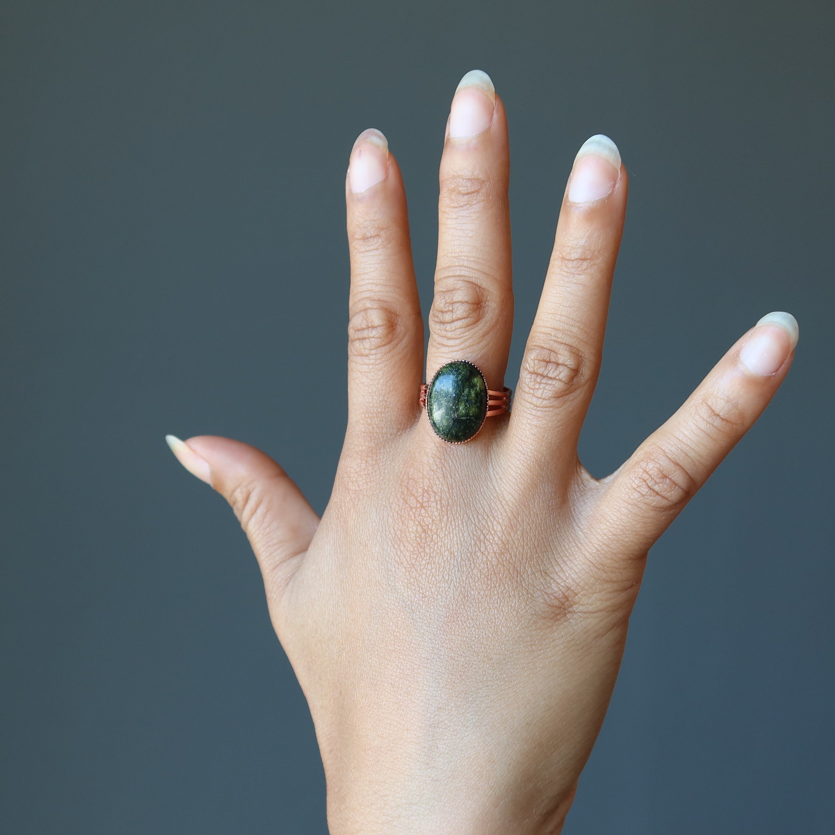 Serpentine Ring Green Snake Stone Copper Adjustable