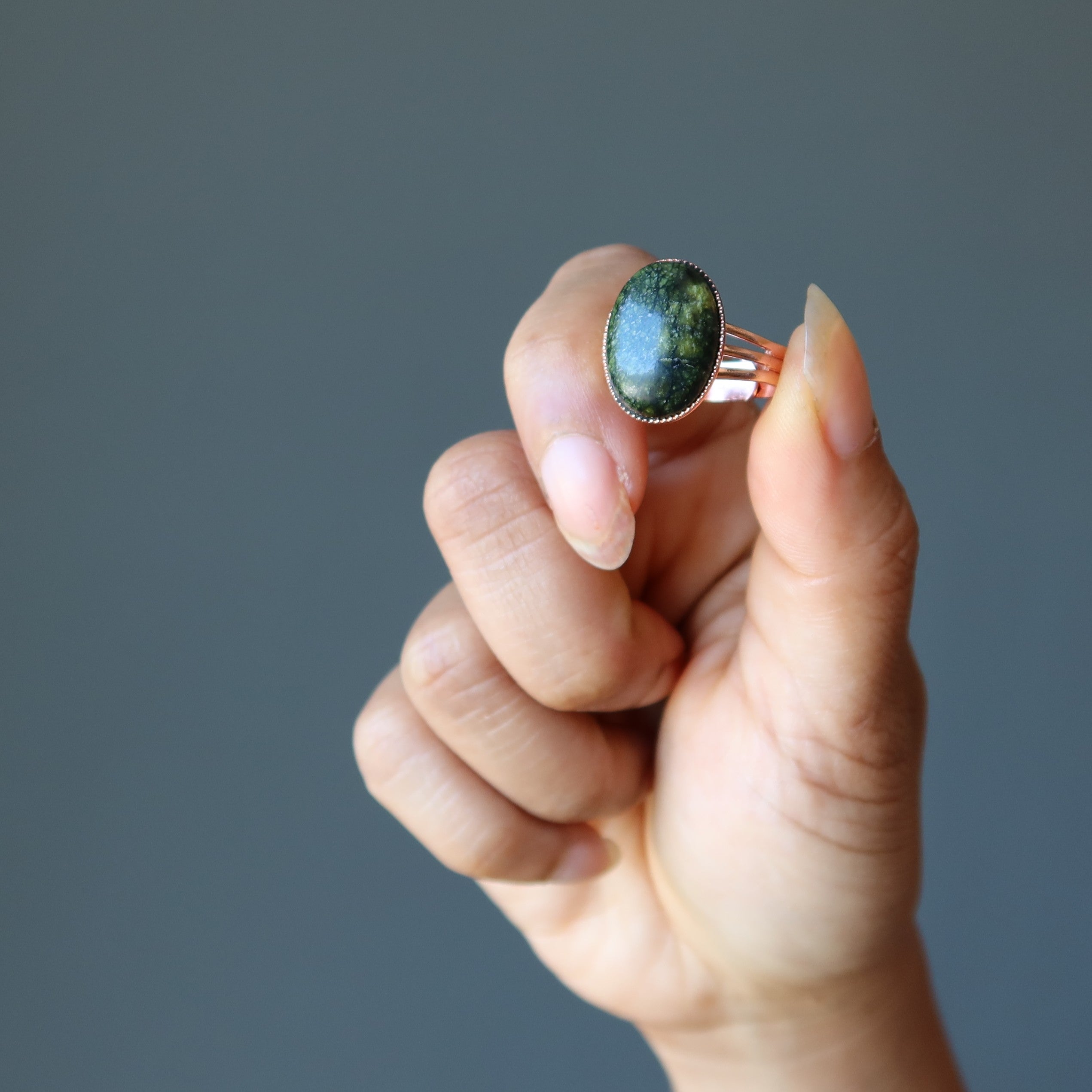Serpentine Ring Green Snake Stone Copper Adjustable