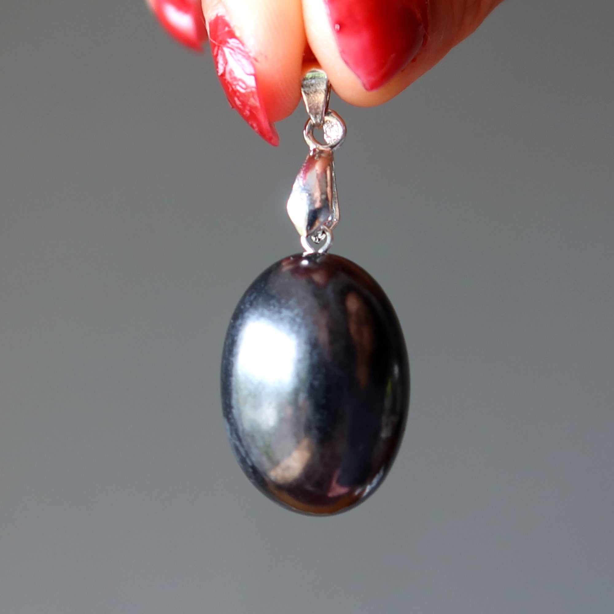 Shungite Pendant Energy Protection Egg-Shaped Stone on Silver