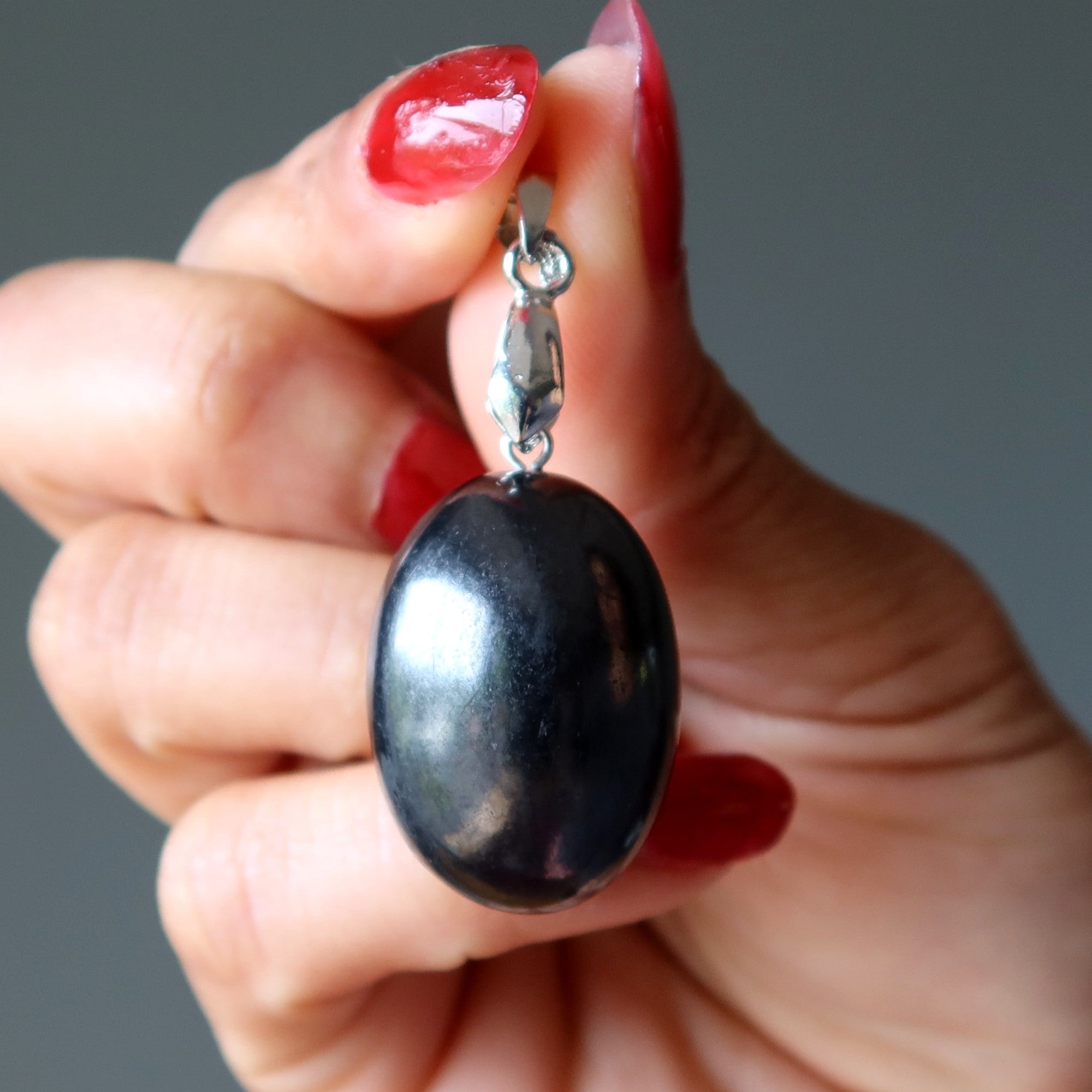 Shungite Pendant Energy Protection Egg-Shaped Stone on Silver