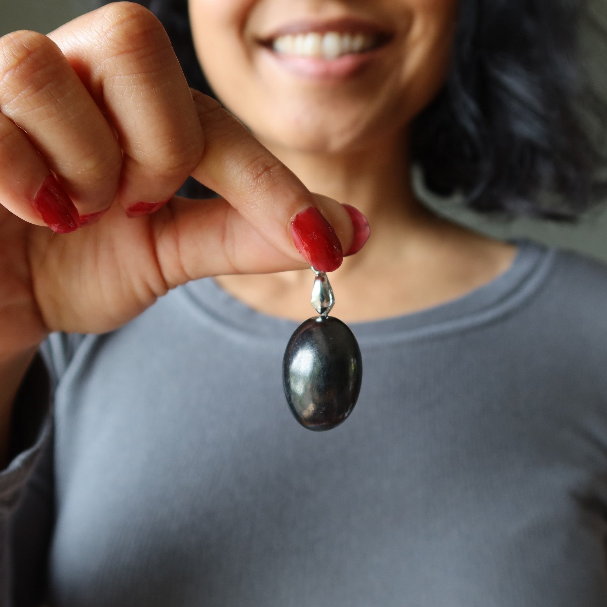 Shungite Pendant Energy Protection Egg-Shaped Stone on Silver