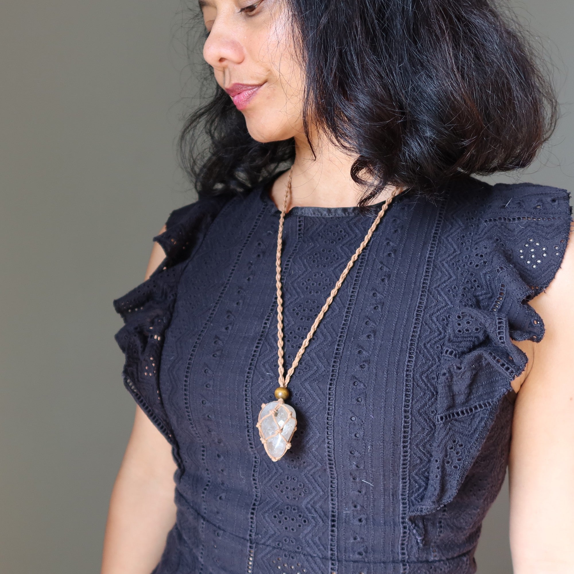 Collier Quartz Fumé Sans Négativité Macramé Marron
