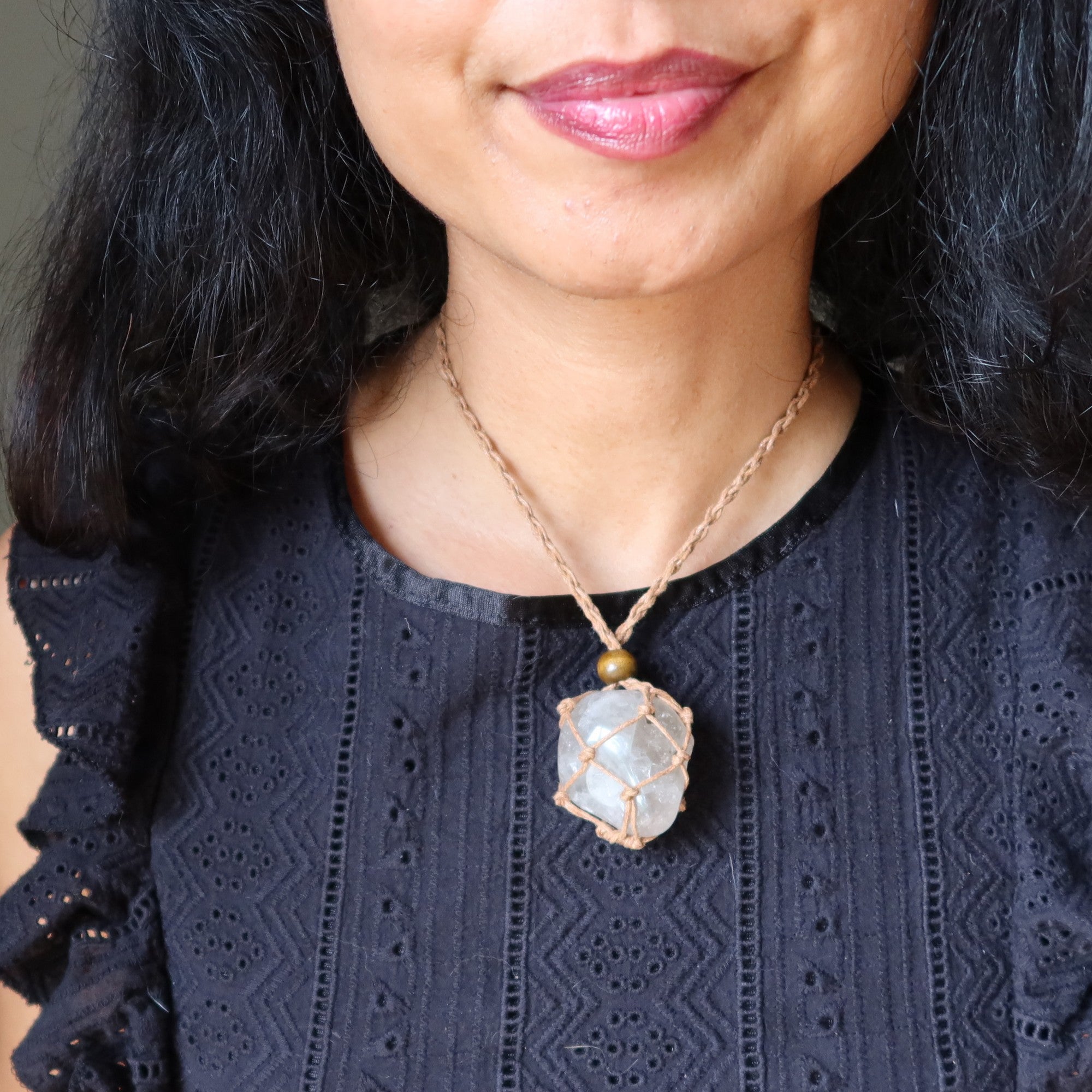 Collier Quartz Fumé Sans Négativité Macramé Marron