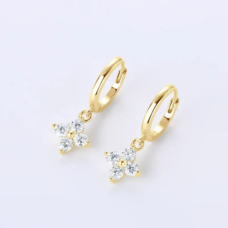 Sterling Silver 925 3mm Moissanite Four-Leaf Clover Hoop Dangle Earrings Women