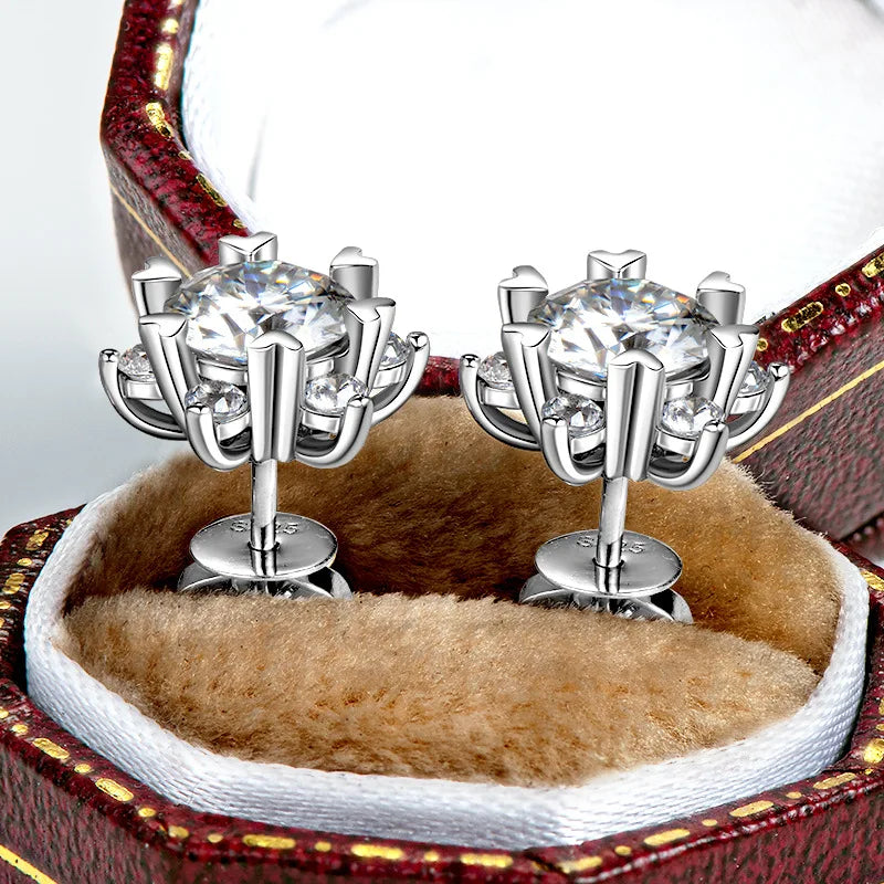 Sterling Silver S925 Moissanite Snowflake Stud Earrings 6-Claw Valentine's