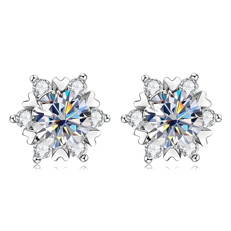 Sterling Silver S925 Moissanite Snowflake Stud Earrings 6-Claw Valentine's