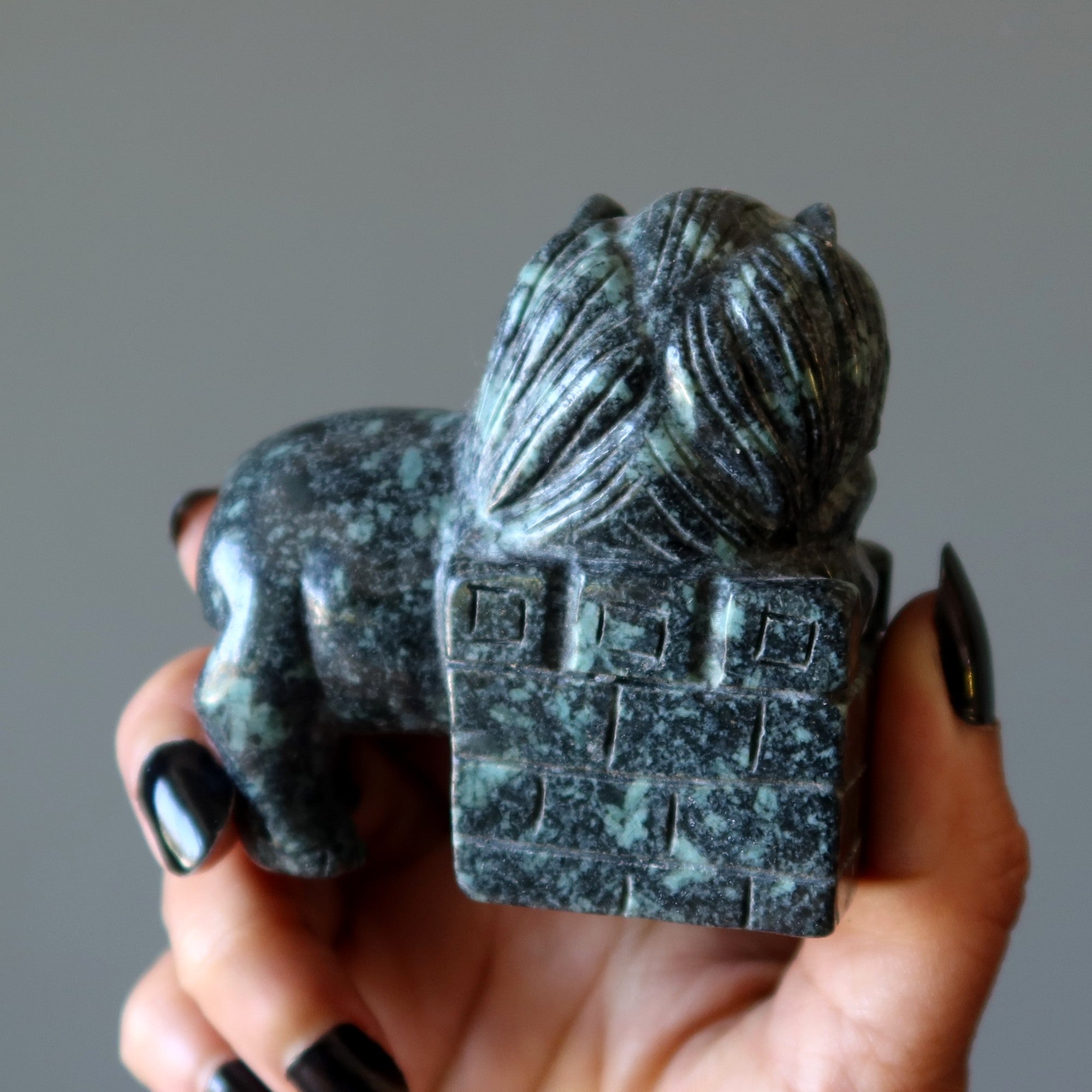 Stone Fu Dog Green Black Mythical Dragon Pair