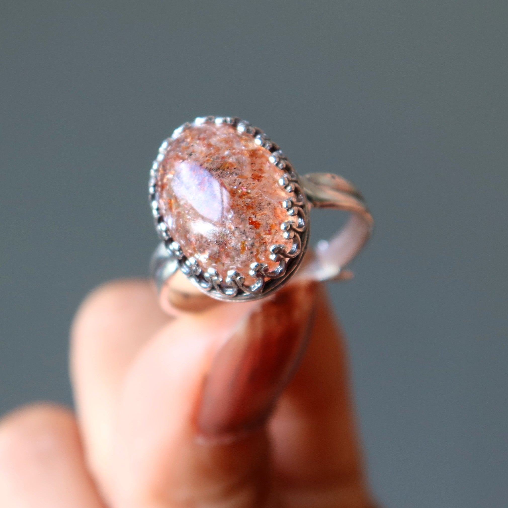 Sunstone Ring Red Sun Gem Sterling Silver Adjustable