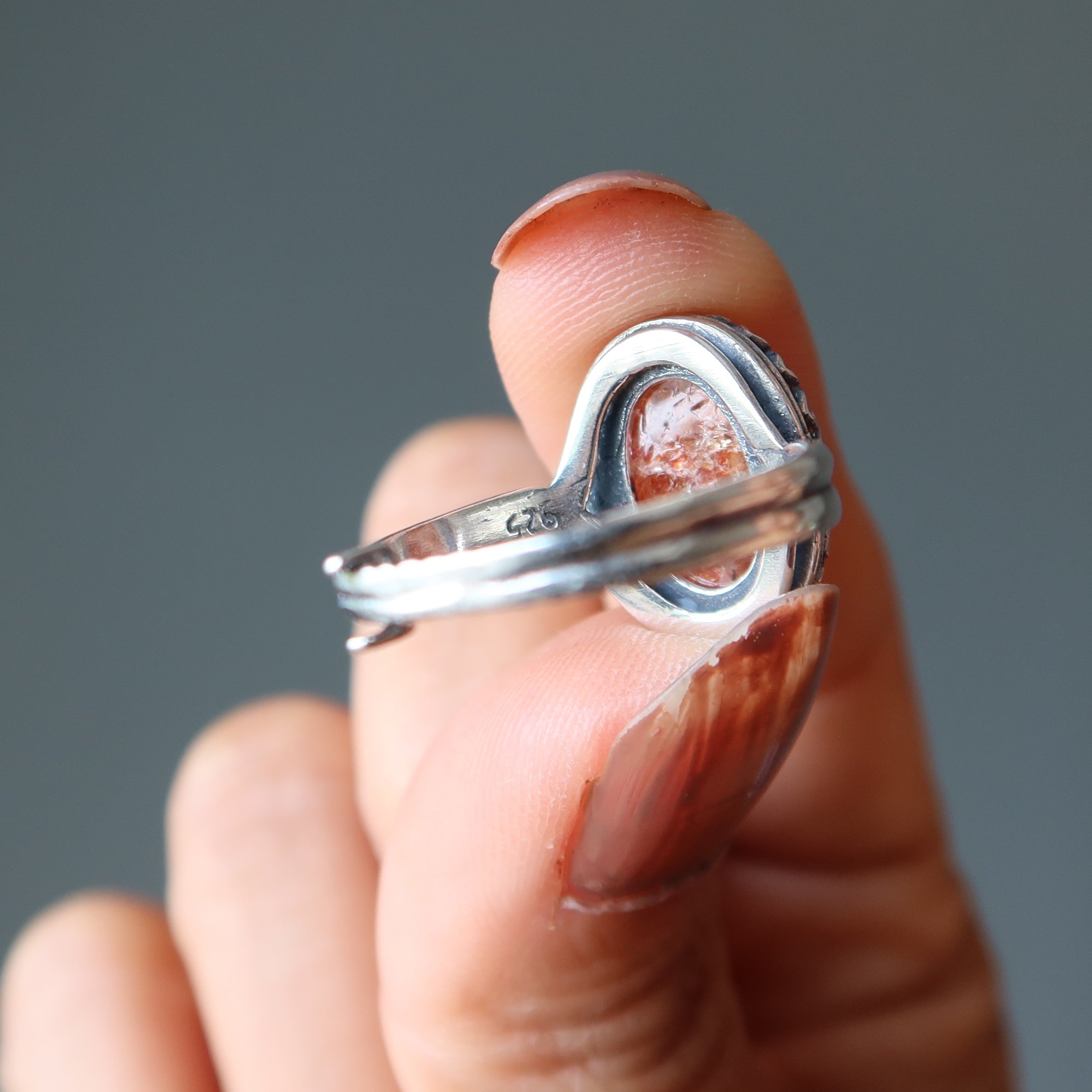 Sunstone Ring Red Sun Gem Sterling Silver Adjustable