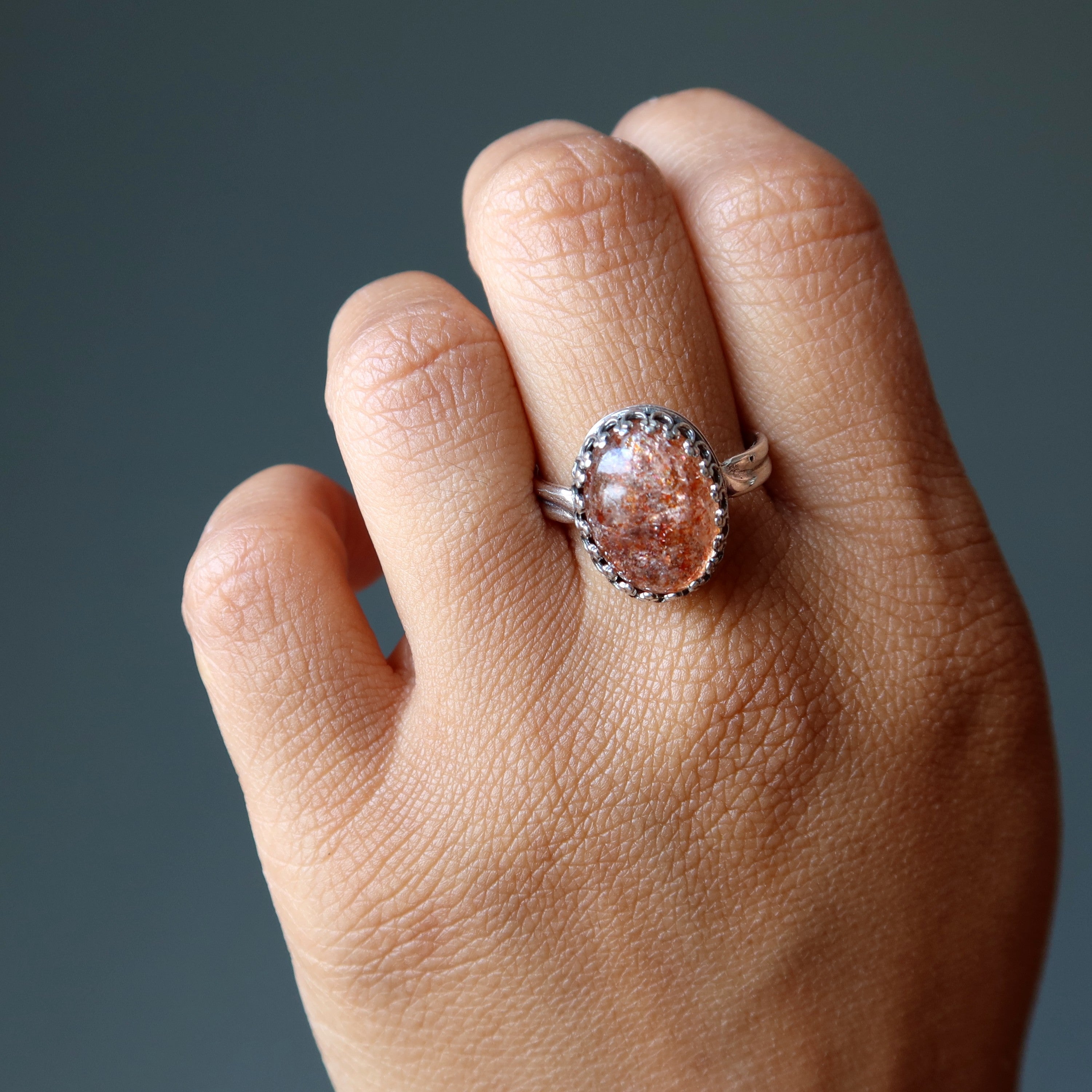 Sunstone Ring Red Sun Gem Sterling Silver Adjustable