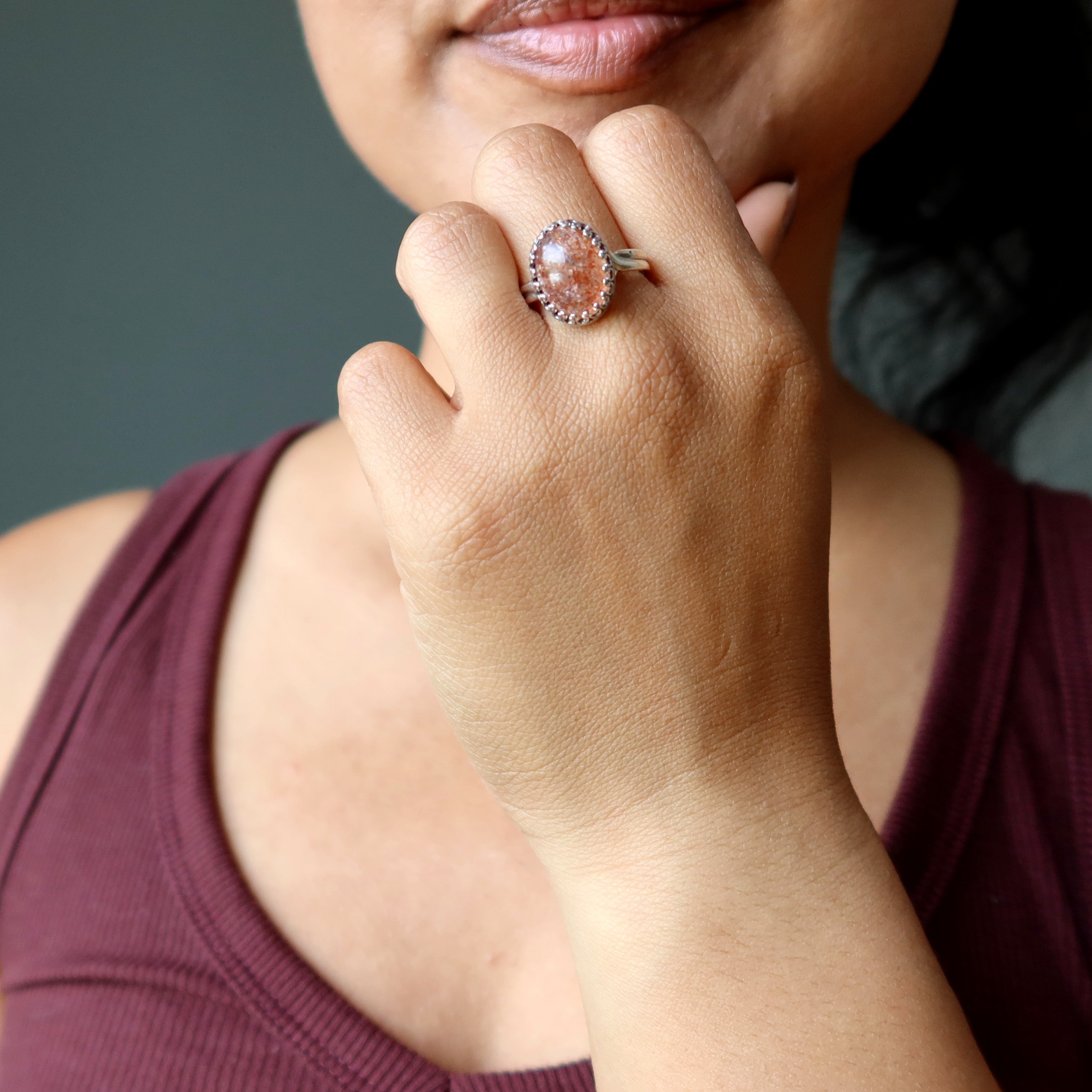 Sunstone Ring Red Sun Gem Sterling Silver Adjustable
