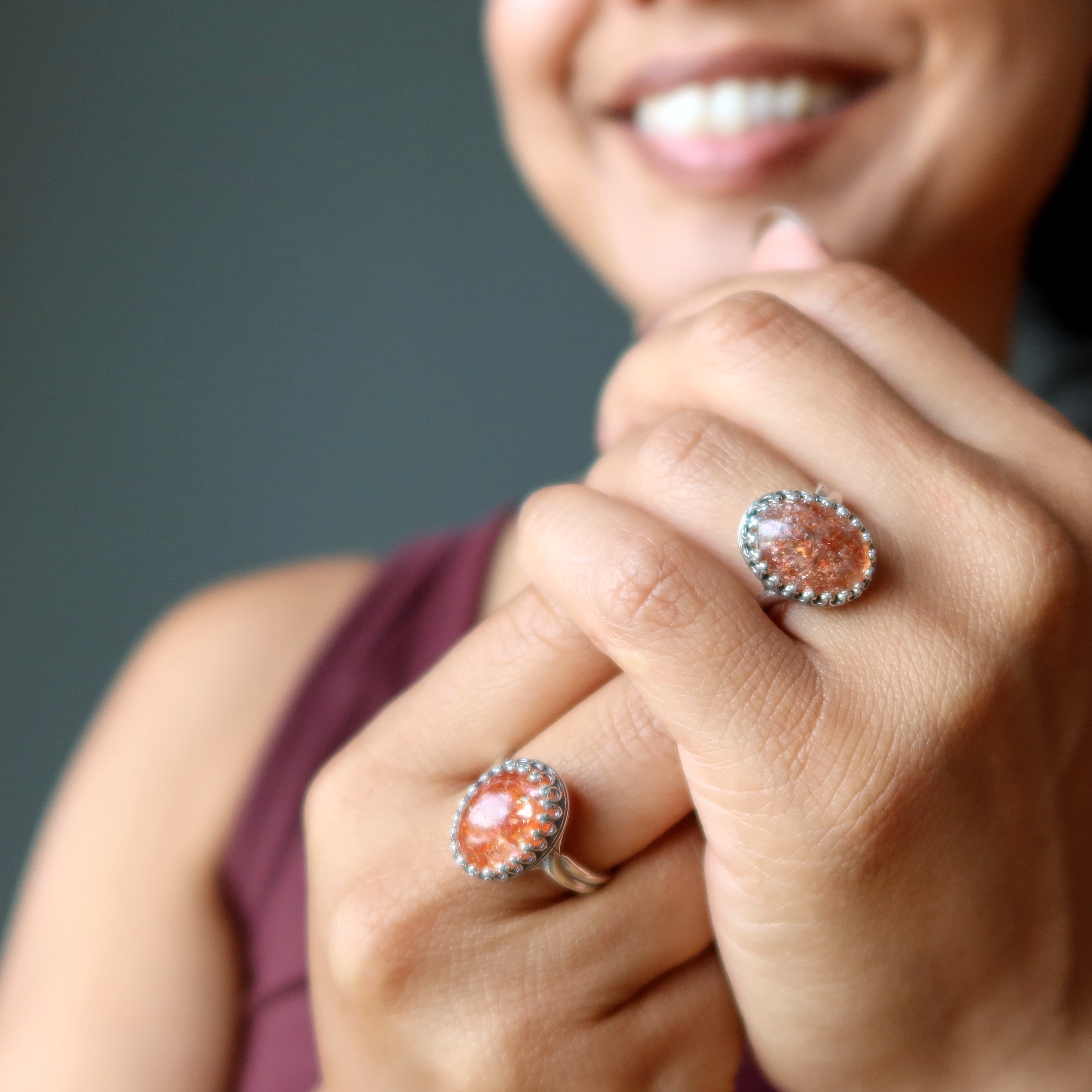 Sunstone Ring Red Sun Gem Sterling Silver Adjustable